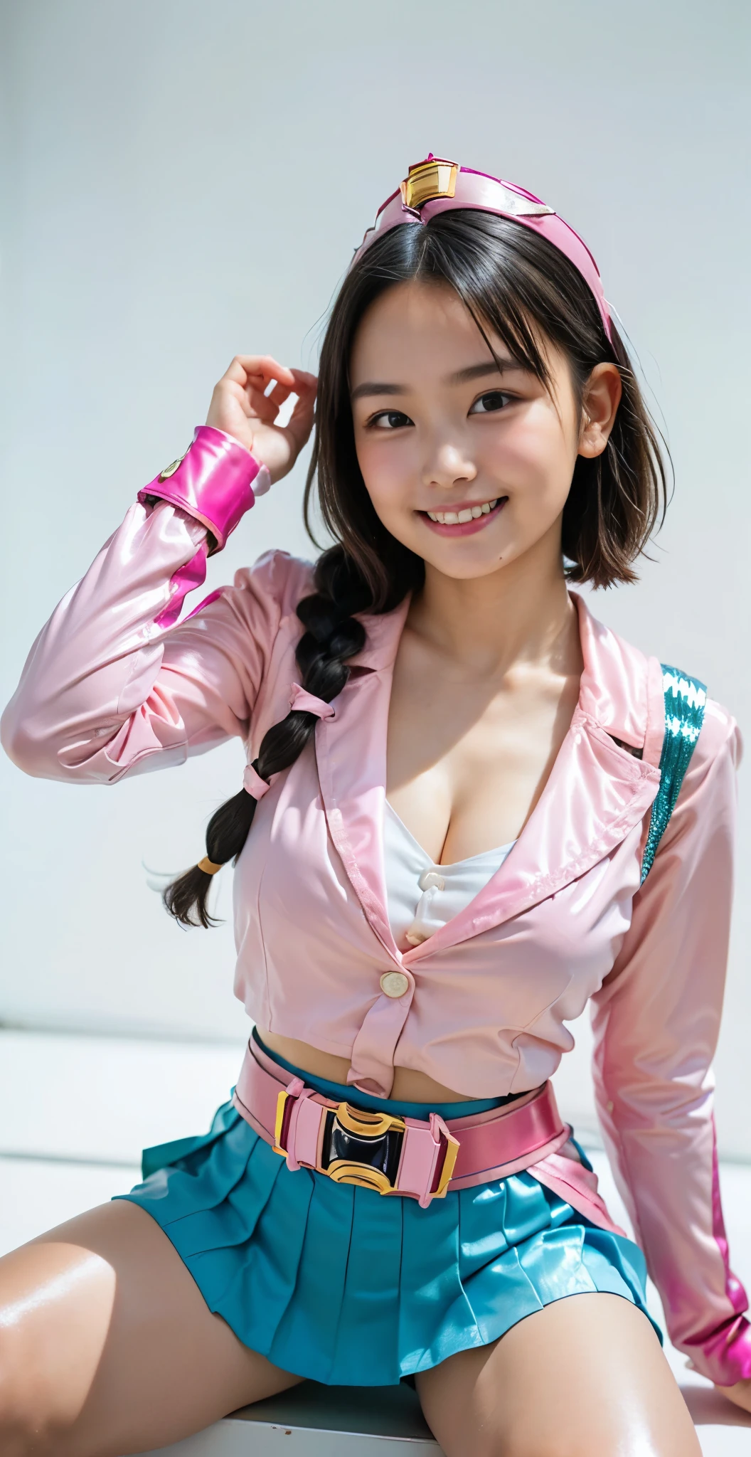 （8K、Raw photography、highest quality、masterpiece：1.2),(black haired、very short hair:1.8),(twin mitsu braid:1.4)、show viewer,Looking at the front,erotic,白いskin,(Bishoujo Sentai、She is wearing a shiny pink ranger costume 。.:1.9)、()、(Clothing that emphasizes the shape of your chest、publish one&#39;skin:1.8)、(big breasts :1.4)、slim body shape、ultra high resolution,beautiful,beautiful fece,(alone、no background:1.9),whole bodyボディー,japanese woman,（Photoreal：1.37）、photon mapping,reality、(Baby-faced and cute: 1.1)、(cute smile: 1.7)、(With a round face: 1.8)、radio city、Physically based rendering、depth of field rally background、photograph, (I can see your knees,bottomless、spread your legs wide、Shiny light blue very short skirt、close up of thighs:1.6),whole body、super fine