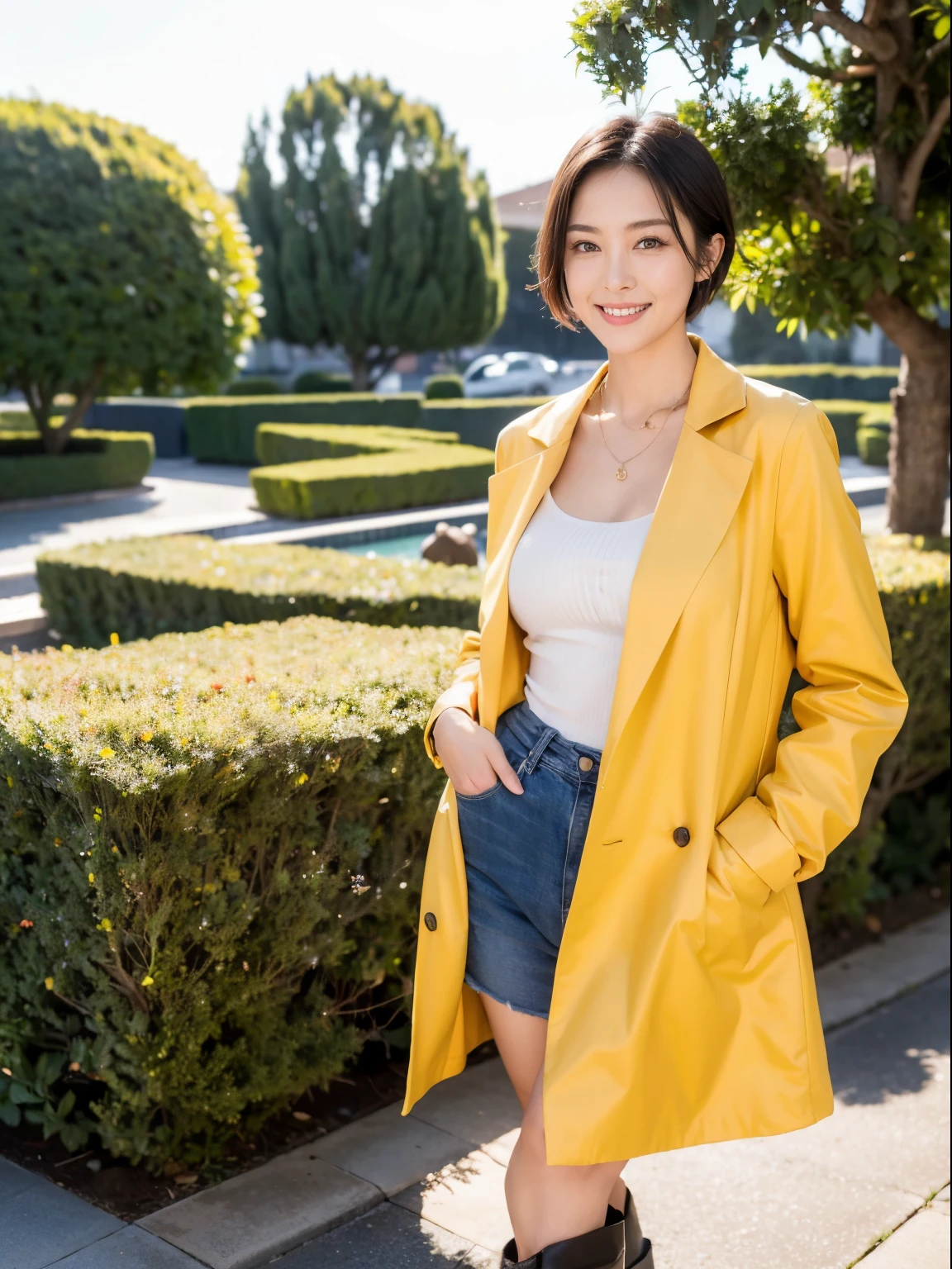 (Raw photo:1.2), (realistic:1.4),beautiful detailed woman,非常にfine eyesと顔, fine eyes, Super detailed,High resolution, very detailed,highest quality,enlightenment,unified,8k wallpaper,masterpiece,highest quality,1 female,alone,rich,Full body Esbian,(Standard body shape)、(D cup breasts:1.1),There'leg meat,slim waist,alone,(yellow raincoat、black rain boots),jewelry necklace short hair,gentle smile,dignified atmosphere,black eye,realistic,california garden , (morning:1.4)、(rainfall:1.5)