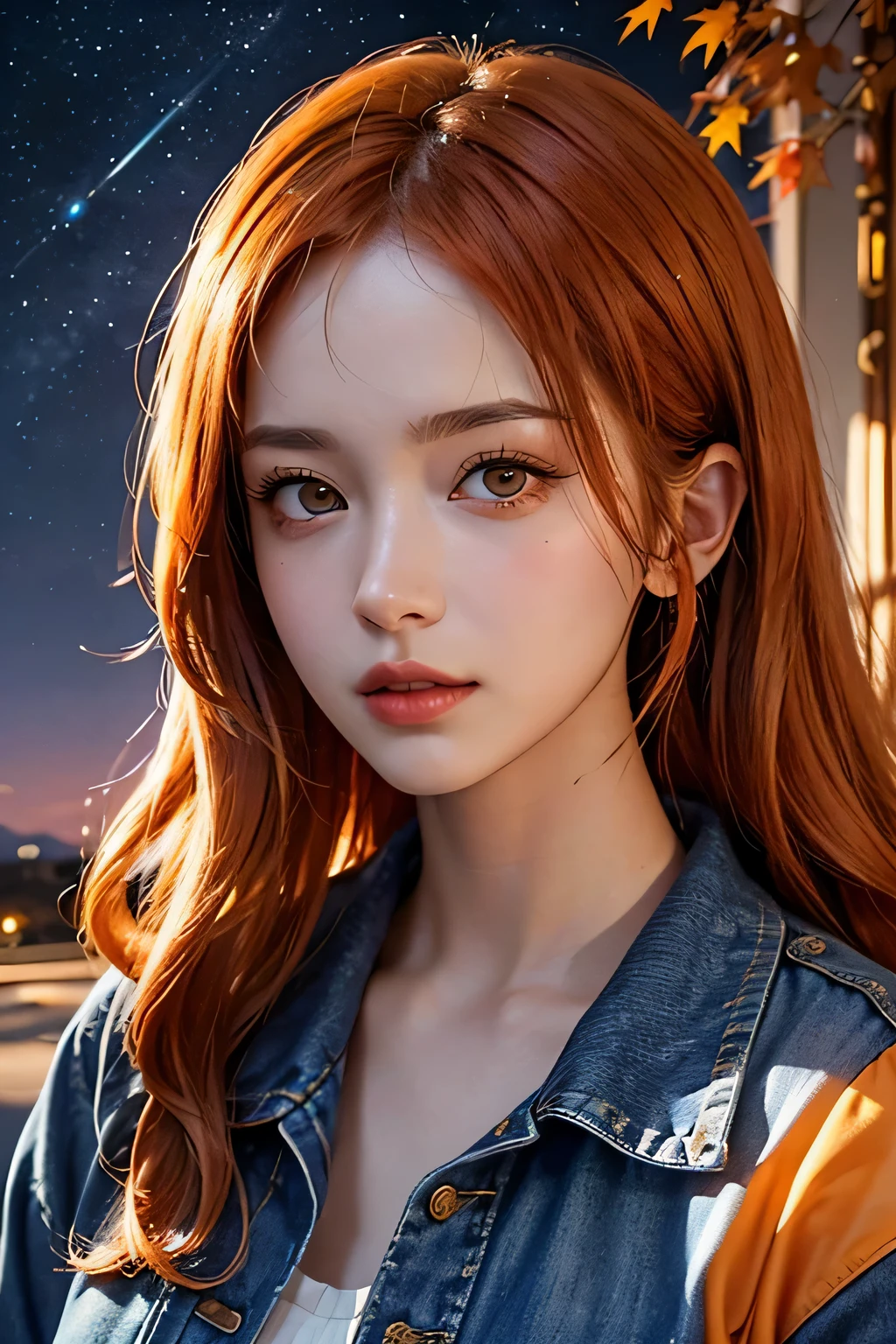 lifelike, High resolution, soft light,1名Miss, (Detailed face), denim jacket，keen vision, noble and inviolable temperament, (([Miss]: 1.2 + [beauty]: 1.2 + long orange hair: 1.2)), Bright Eyes, Purple tone pattern，purple light and shadow，（standing on the street），清晰beauty, Miss, 20 years old，((Autumnal) )，beauty细致眼神, Good 8KCG wallpaper, official art， super detailed， masterpiece， best quality， Detailed face，expression of stoicism，dynamic poses，meteor，starry sky，Milky Way，（original photo，best quality），（realistically，Real shot：1.3），best quality，Very detailed，masterpiece，super detailed，Enlightenment，Body的上半部分_Body，dynamic angle，世界masterpiece剧院，messy_long_hair，best quality，amazing，movie lighting，lens_flare，
