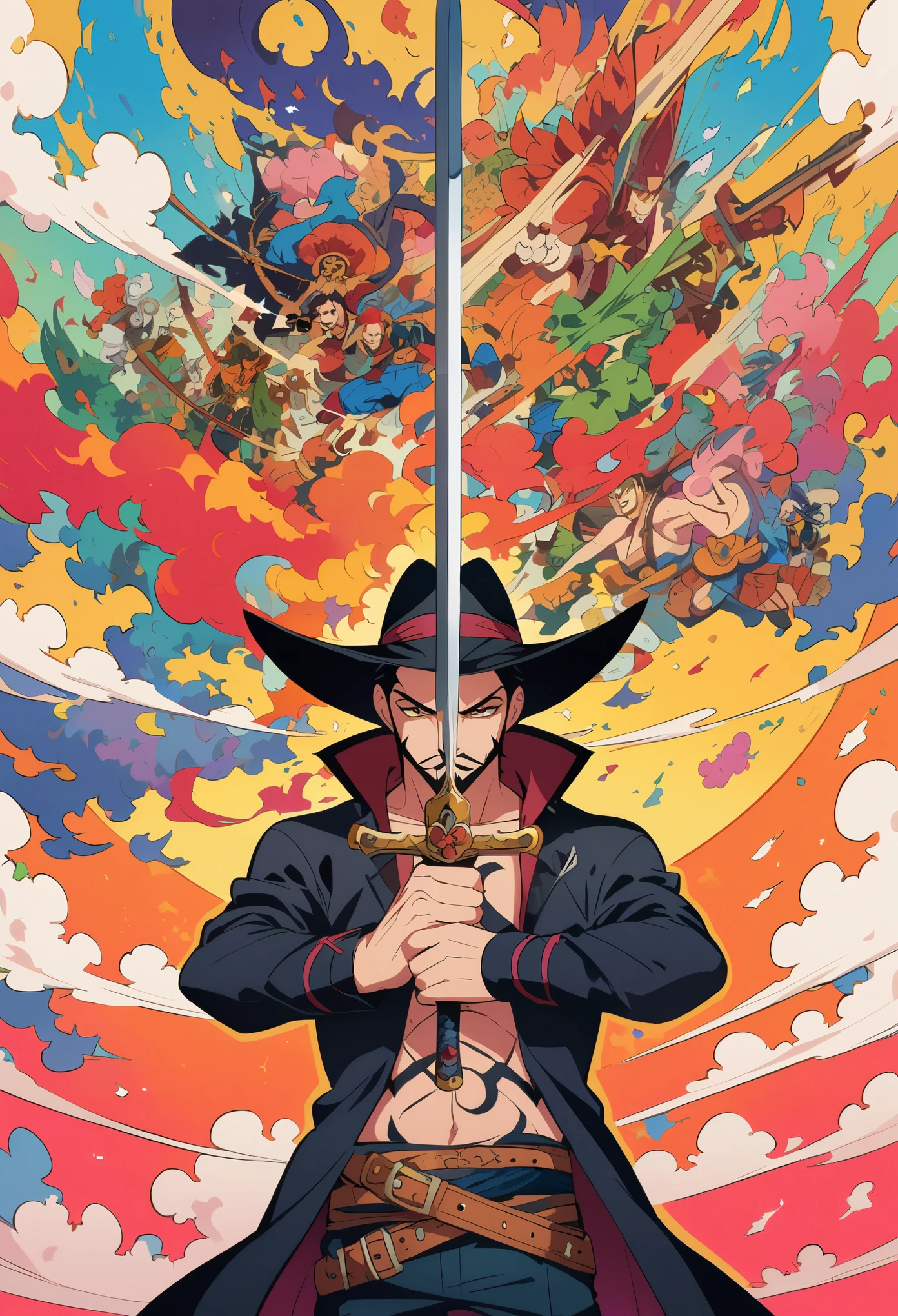 Dracule Mihawk，Sword in both hands，sword focus，cartoon，One Piece theme background