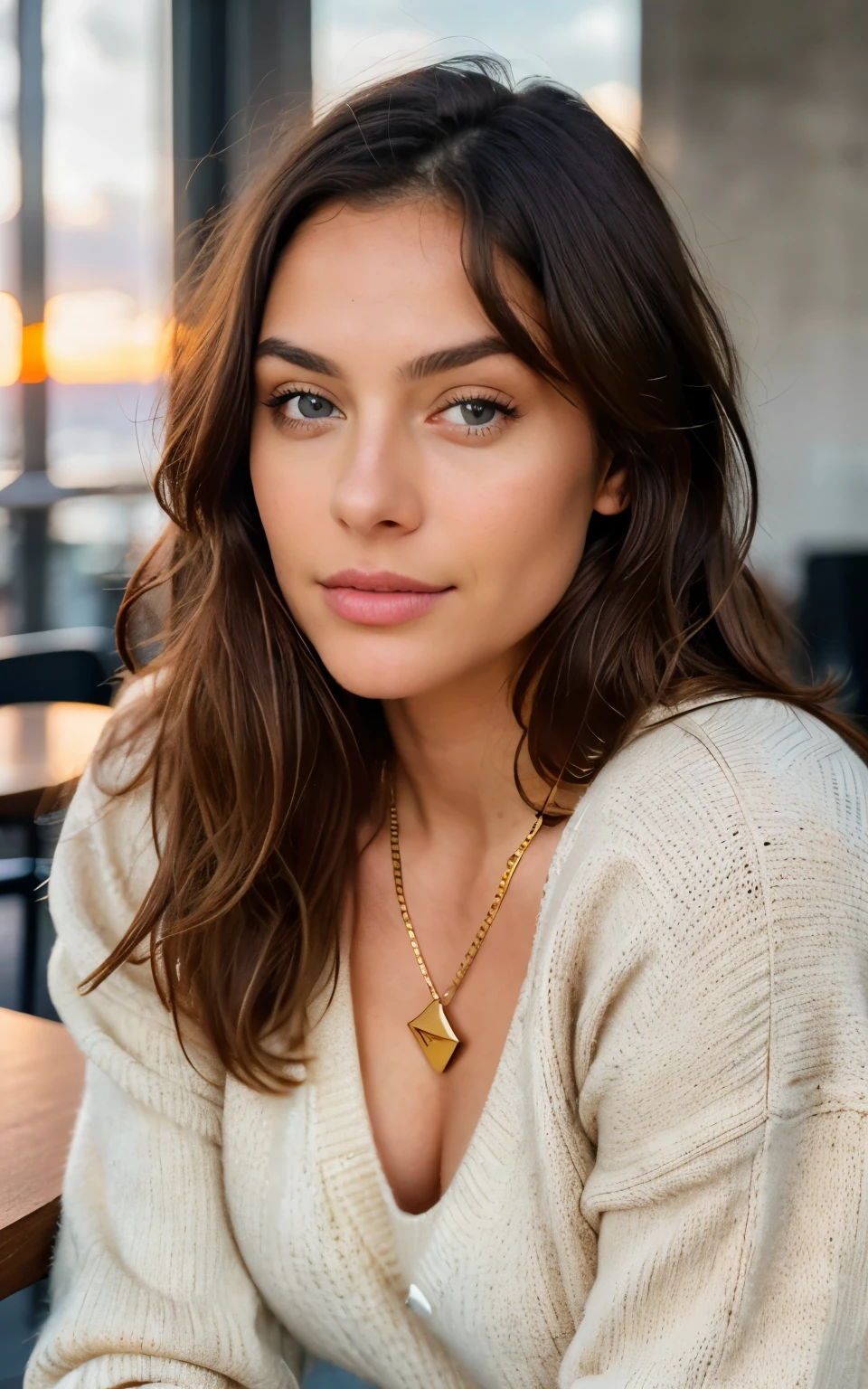 Beautiful brunette in a beige sweater (Have a coffee in a modern café at sunset.), very detailed, 21 years old, innocent face, natural wavy hair, Blue eyes, A high resolution, Gold necklace, table, Best quality, complex parts, very detailed, sharp focus, detailed skin, realistic skin texture, texture, detailed eyes, professional, 4K, Charming smile, shot on Canon, 85 mm, shallow depth of field, Цвет Kodak Vision, perfectly toned body, extremely detailed, picture_\(Ultras\), фотоrealistic, realistic, Post-processing, maximum detail, roughness, real life, Гиперrealistic, photorealism, Photo, 8k UHD, Photo