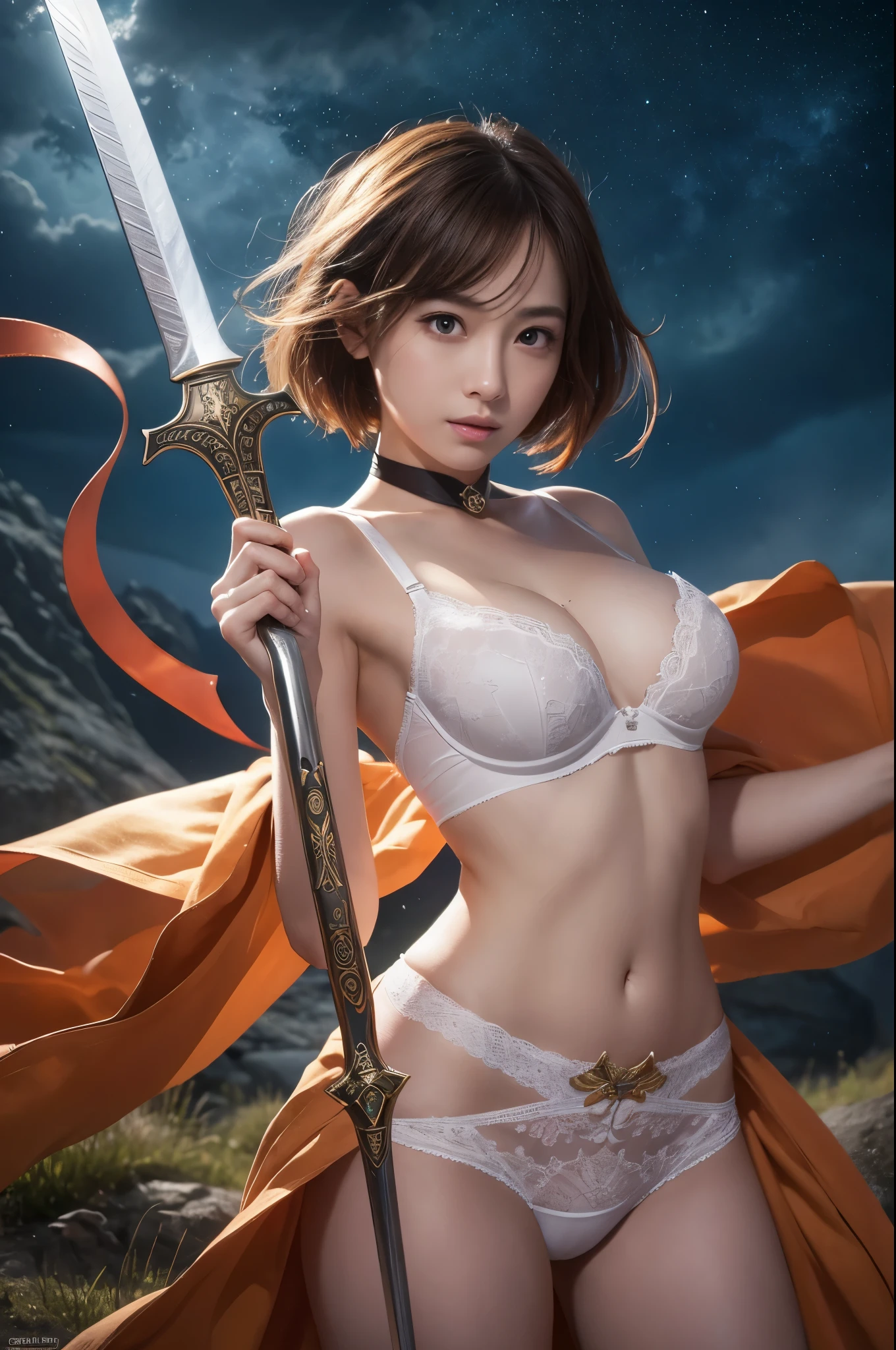 (Raw photo:1.2), (realistic), beautiful detailed girl, highly detailed eyes and face, thin and beautiful eyes, huge file size, High resolution, very detailed, highest quality, [table top:1.6], shape, very detailed, small details, highest quality, 8k wallpaper, movie lighting, Japanese female heroine of RPG game, under the dark sky, In the empty wilderness, Hold the sacred sword in your hand and raise it in the sky, A ray of light is emitted from the tip of the sword., The light output from the sword pierces the dark sky., heroine in underwear, The white bra is visible, white panties are visible, young face, slender body, short cut hair fluttering in the wind, small breasts, exposed underwear, A scene from the game, fighting heroine, Battle in underwear, Desolate wilderness, thundercloud, severe thunderstorm, 