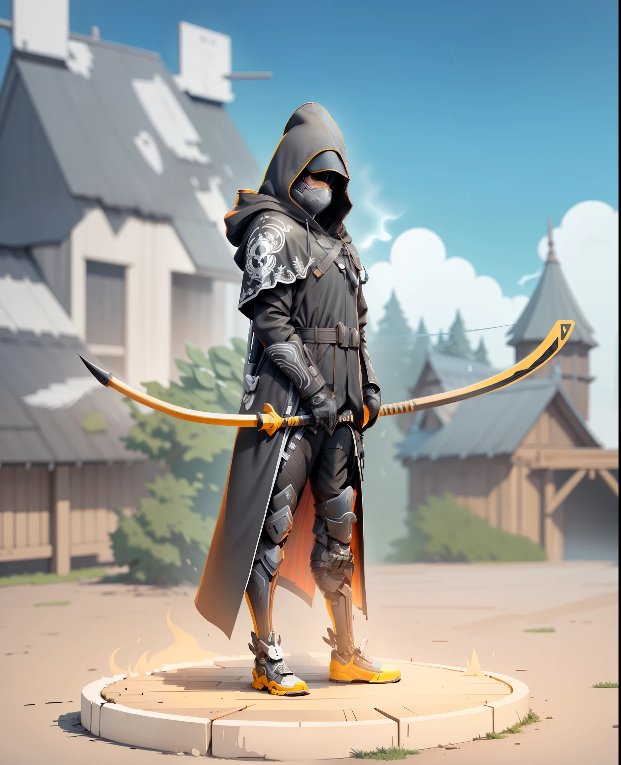 black and white relief, vector, the face is completely covered by the hood, black raincoat, finish drawing the quiver, more details, more details