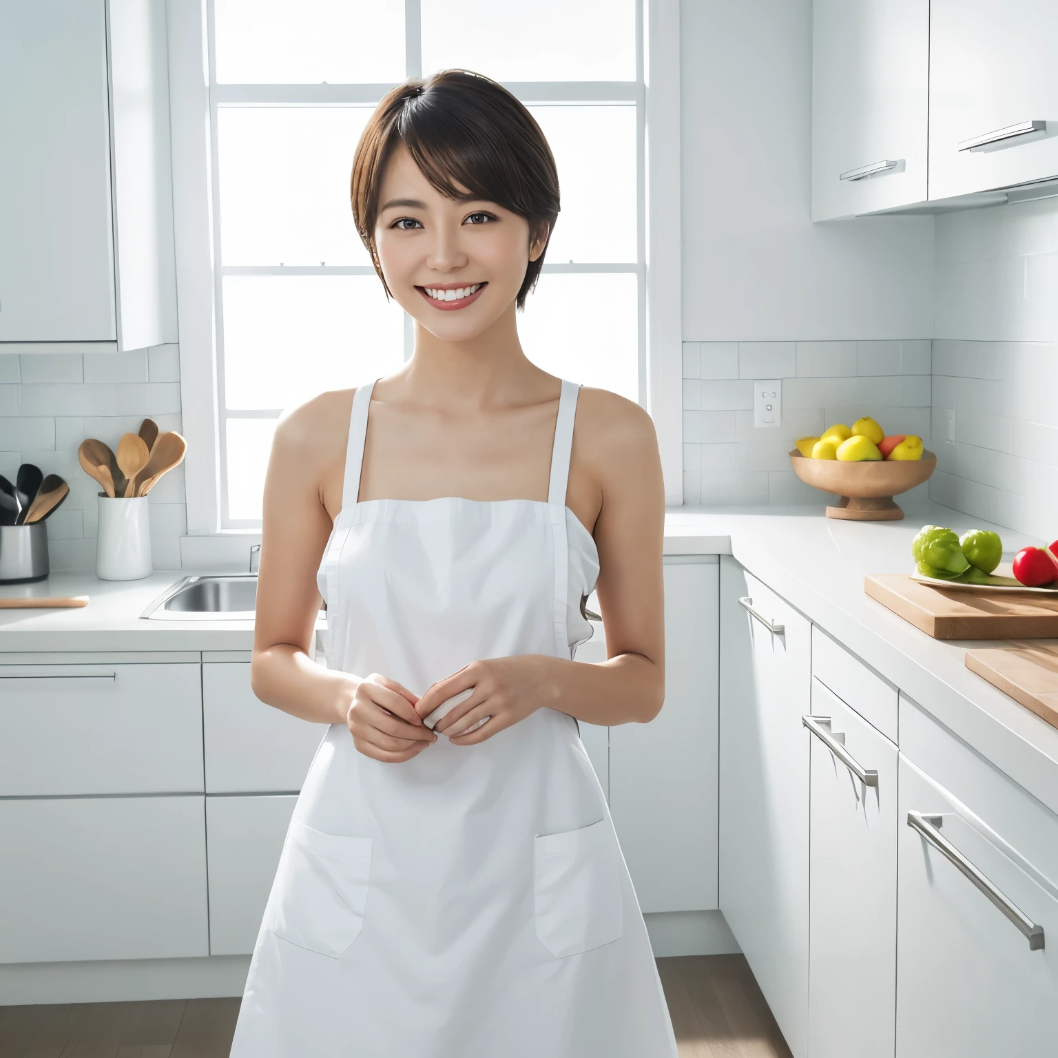 (table top、highest quality、8K、Award-winning work、ultra high resolution)、one beautiful woman、(wearing the most natural and perfect apron:1.1)、(naked apron:1.2)、(Look at me with your best smile:1.1)、(Show your beautiful teeth and have the best smile:1.1)、perfect beautiful teeth、emphasize body line、(bust up photo:1.1)、(upper body photo:1.2)、(big breasts:1.2)、(The most natural and practical kitchen:1.1)、(Perfectly organized and clean kitchen:1.1)、(modern and elegant kitchen:1.1)、(Perfect kitchen with state-of-the-art induction:1.1)、(Beautiful modern kitchen with a unified feel:1.1)、(very bright:1.2)、(Very bright and glowing skin:1.1)、It&#39;s very vivid、the most vivid、High chroma、radiant beautiful skin、A refreshing and beautiful perfect window、ultra high resolutionのperfect beautiful teeth、(Ultra high definition glossy skin:1.1)、(very brightly lit、明るい and glowing skin:1.2)、Super high-definition sparkling eyes、(accurate anatomy:1.1)、(the most elegant and perfect posture:1.1)、short hair