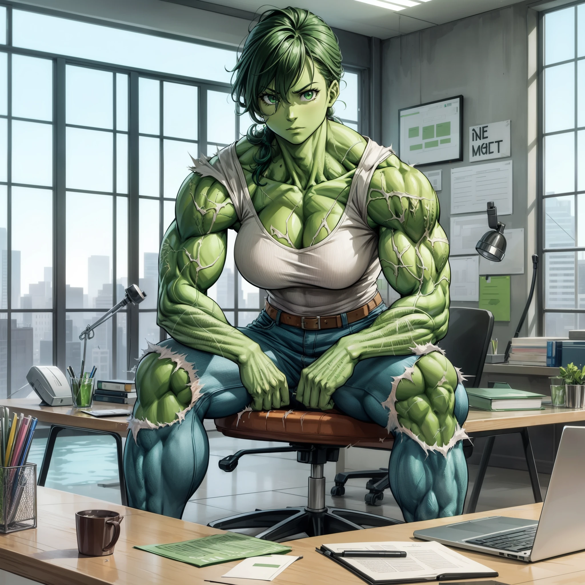 girl,best quality,green skin,hulk girl,lab coat,torn clothes,,Glasses , she-hulk, she-hulk, muscular girl, Alternative muscle size, Bulky,Muscle legs,Hold the test strip, Portrait shoot,  The art of math, 