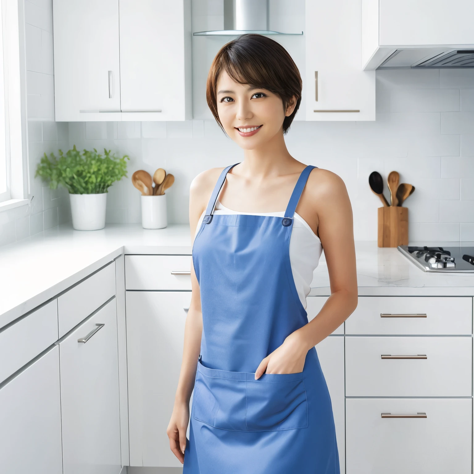 (table top、highest quality、8K、Award-winning work、ultra high resolution)、one beautiful woman、(wearing the most natural and perfect apron:1.1)、(naked apron:1.2)、(Look at me with your best smile:1.1)、(Show your beautiful teeth and have the best smile:1.1)、perfect beautiful teeth、emphasize body line、(bust up photo:1.1)、(upper body photo:1.2)、(big breasts:1.2)、(The most natural and practical kitchen:1.1)、(Perfectly organized and clean kitchen:1.1)、(modern and elegant kitchen:1.1)、(Perfect kitchen with state-of-the-art induction:1.1)、(Beautiful modern kitchen with a unified feel:1.1)、(very bright:1.2)、(Very bright and glowing skin:1.1)、It&#39;s very vivid、the most vivid、High chroma、radiant beautiful skin、A refreshing and beautiful perfect window、ultra high resolutionのperfect beautiful teeth、(Ultra high definition glossy skin:1.1)、(very brightly lit、明るい and glowing skin:1.2)、Super high-definition sparkling eyes、(accurate anatomy:1.1)、(the most elegant and perfect posture:1.1)、short hair