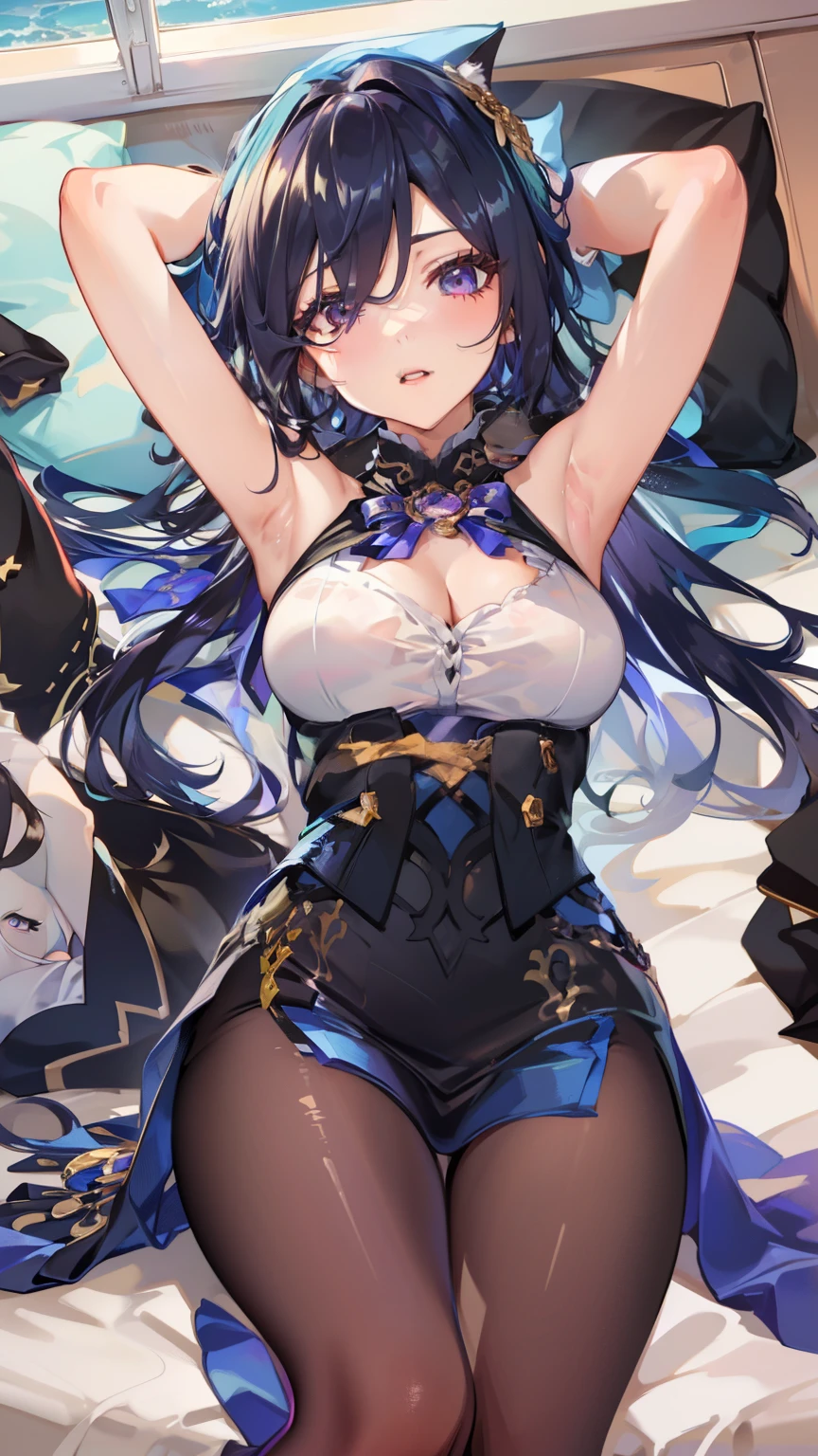 anime style image:A woman in a skirt lies on the bed, seductive anime girl