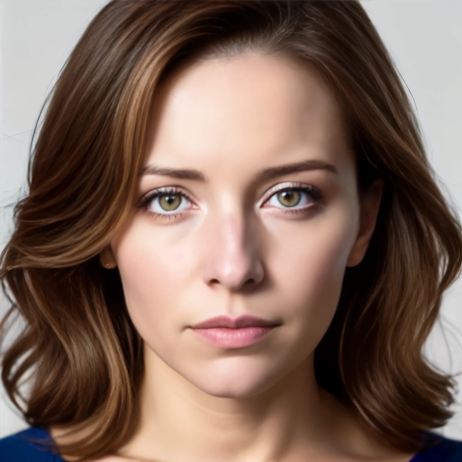 Hyperrealistic portrait of the face of a 40 year old woman, les yeux bleus, longs cheveux bruns
