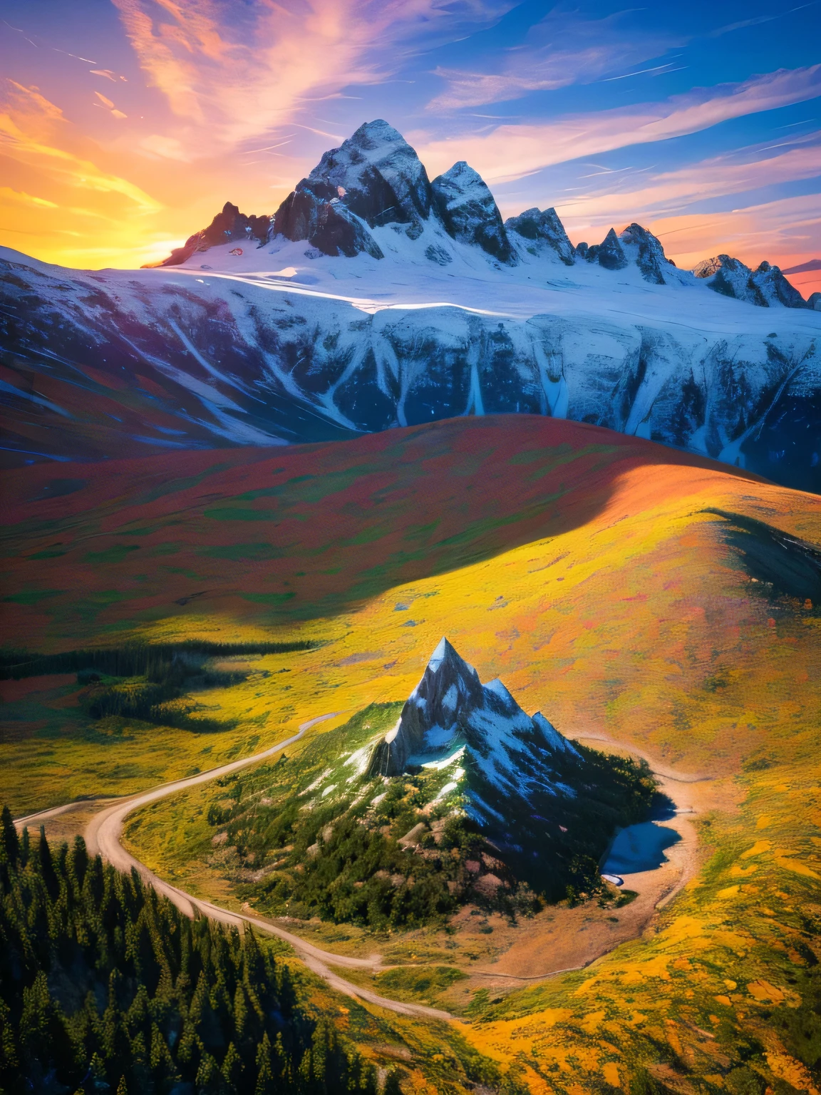 (best quality,4k,8k,highres,masterpiece:1.2),ultra-detailed,(realistic,photorealistic,photo-realistic:1.37),vivid colors,pop art,pizza graphic,Mountain Majesty landscape,bold lines,comic book vibes,psychedelic sunset,swirling colors,surreal elements