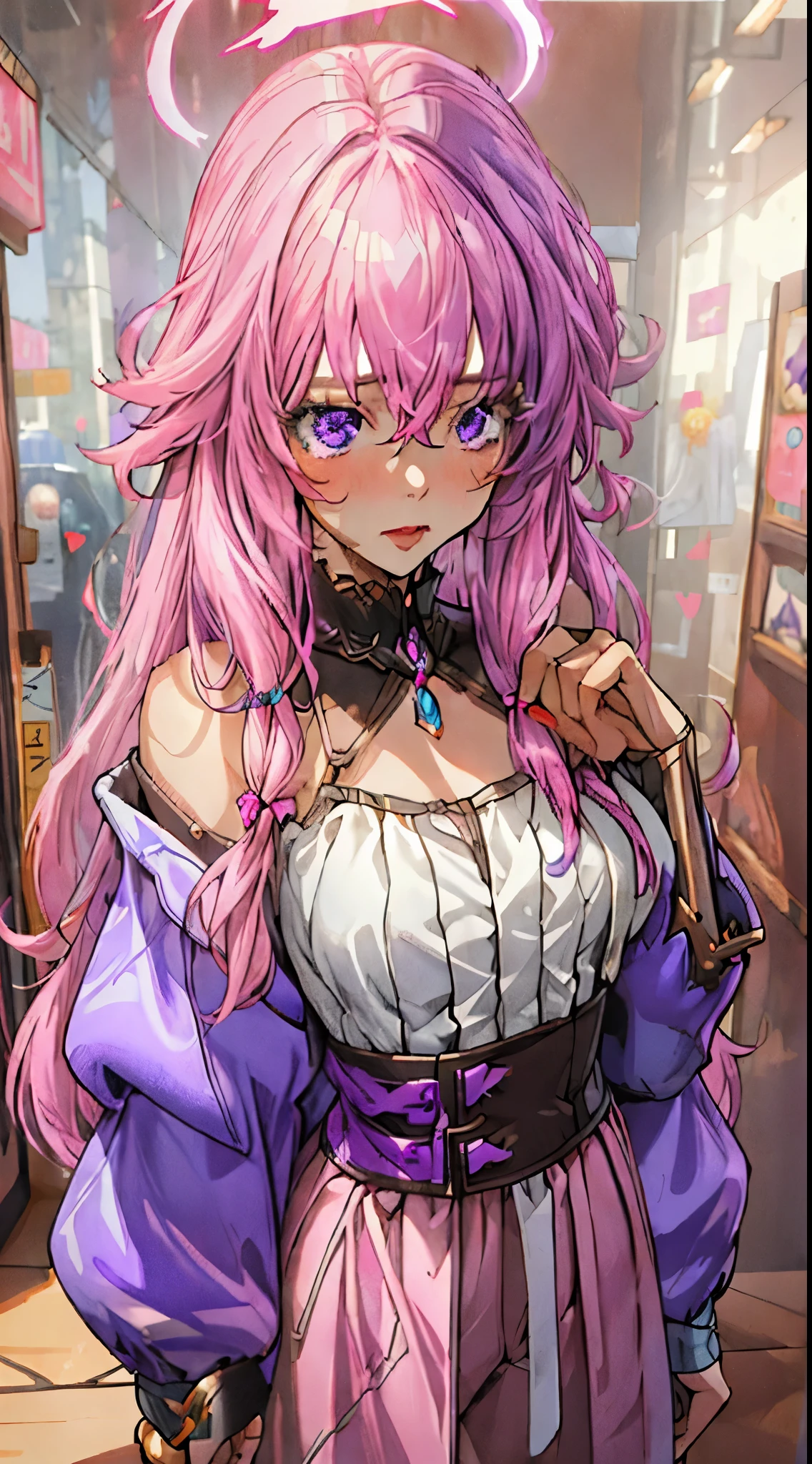 (masterpiece, best quality), 1lady, solo, masterpiece, artstation, dynamic, charming, magical, unreal engine,(hlfcol haired girl with pink and purple hair), fantastically beautiful, illustration, dramatic lighting, rave background, neon glow, maximalist, ahri, nsfw, playing Handphone