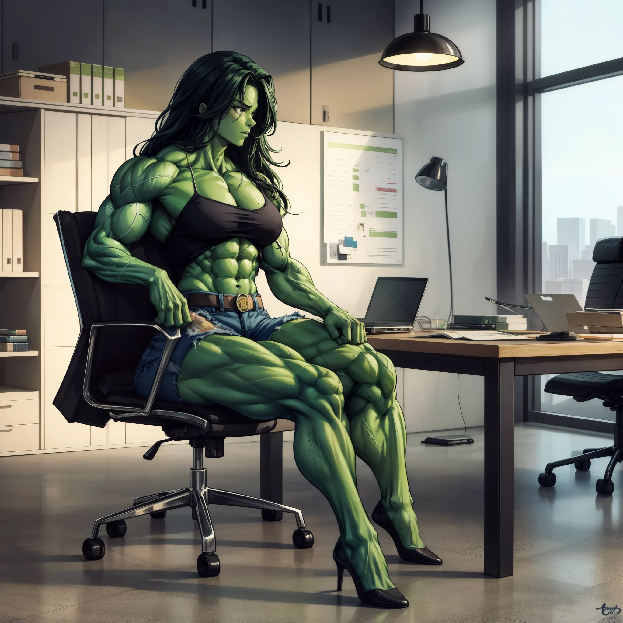 girl,best quality,green skin,hulk girl,sitting in office,torn clothes,,, she hulk, she - hulk, muscular female, alternate muscle size, hulking,muscular leg,, portrait shot,  digital art, 