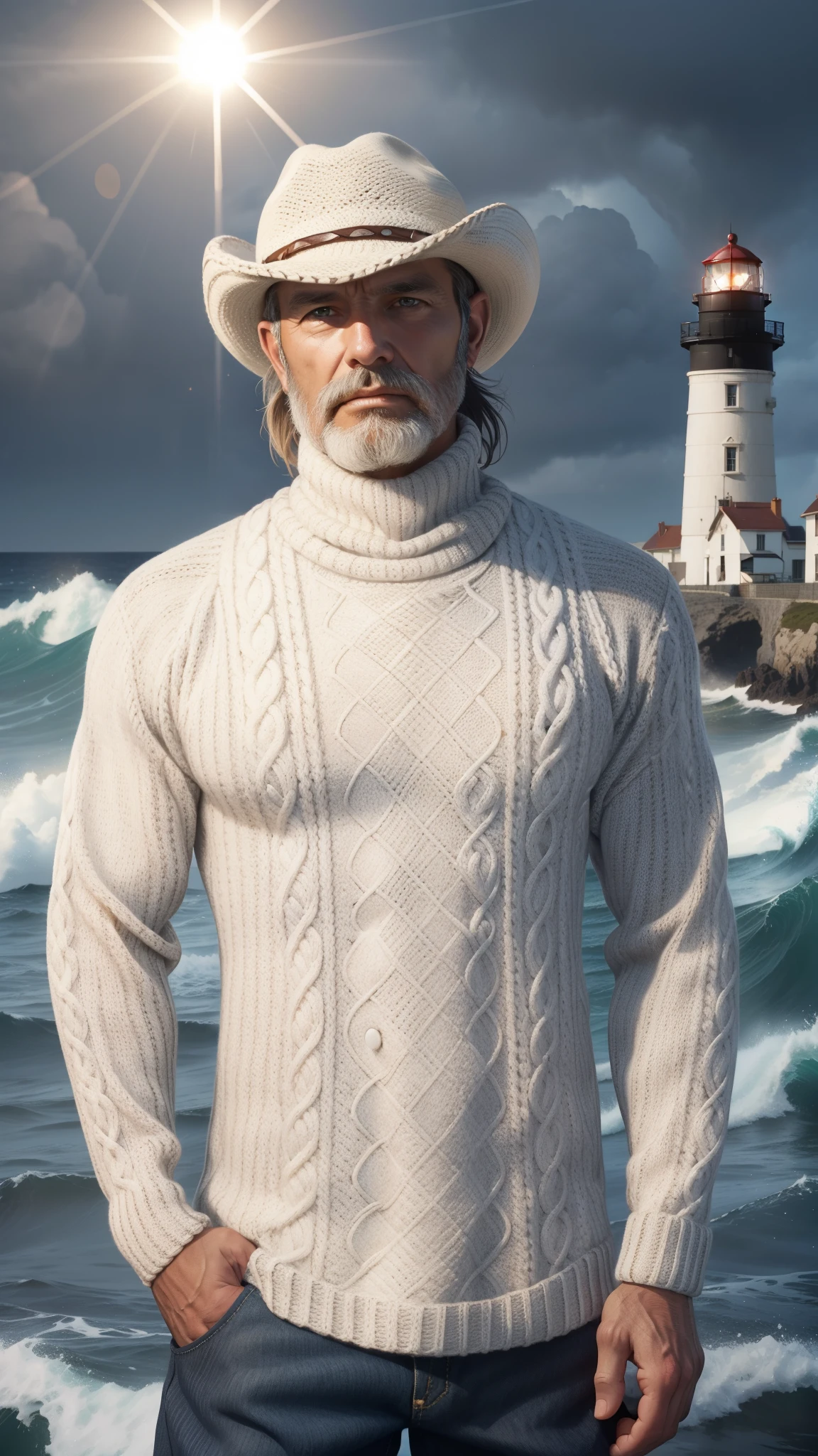 portrait of a stout man's face (old fisherman:1.3), (facial focus:1.5), (storm:1.2), (waves:1.3), ocean, (lighthouse background:1.3), (cowboy shot:1.4), (white turtleneck knit sweater:1.3), looking at the viewer, realistic, work of art, Highest quality, backlighting, (lens flare:1.1), (bloom:1.1), (chromatic aberration:1.1), by Jeremy Lipking, by Antonio J.. Manzanedo, digital painting