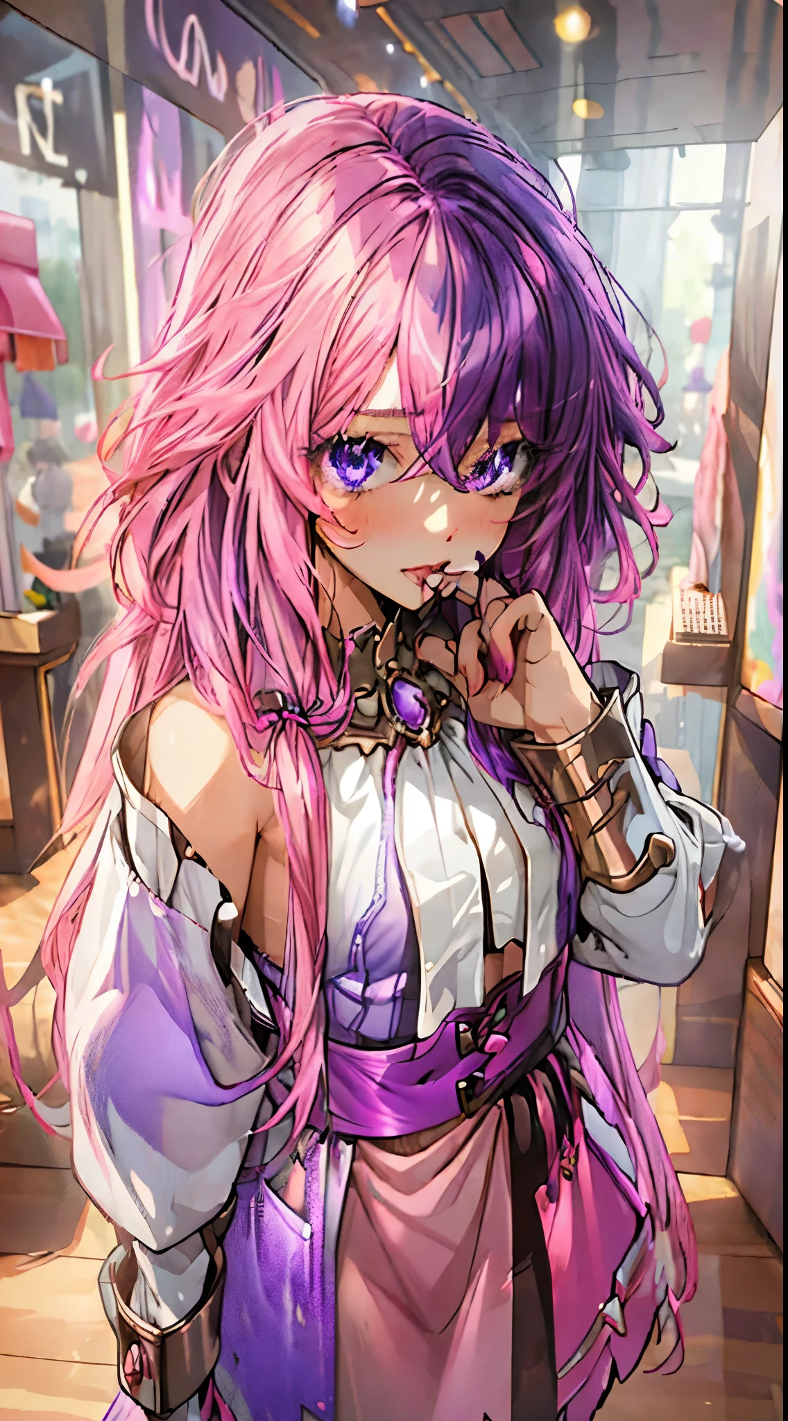 (masterpiece, best quality), 1lady, solo, masterpiece, artstation, dynamic, charming, magical, unreal engine,(hlfcol haired girl with pink and purple hair), fantastically beautiful, illustration, dramatic lighting, rave background, neon glow, maximalist, ahri, nsfw, playing Handphone