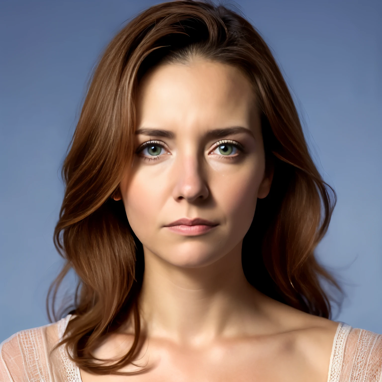 Hyperrealistic portrait of the face of a 40 year old woman, les yeux bleus, longs cheveux bruns