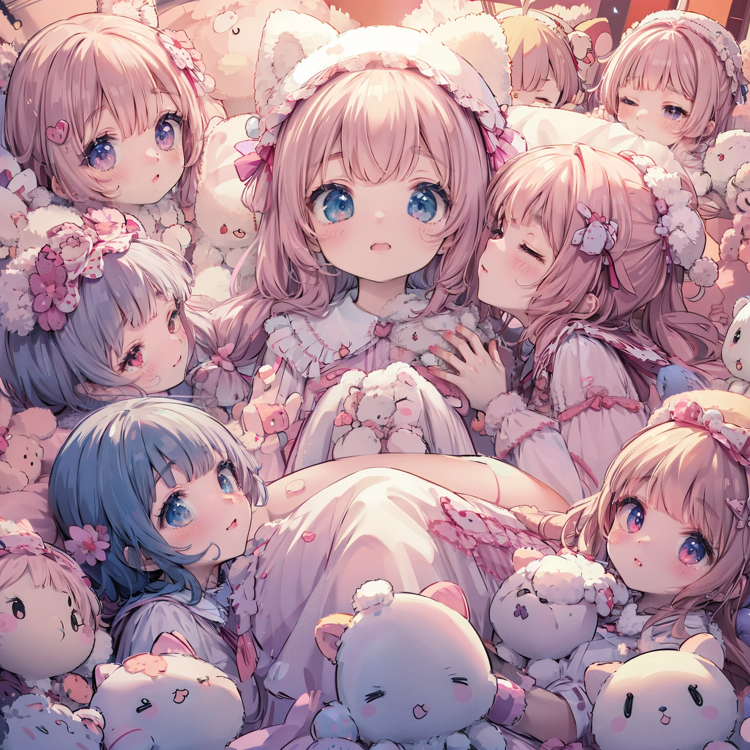 Anime girl surrounded by stuffed animals in bed, anime art wallpaper 8k, cute anime, anime art wallpaper 4k, anime art wallpaper 4k, Google on pixiv artstation, soft anime illustration, Gweiz art station pixiv, Trending on Art Station Pixiv, 4k anime wallpaper, anime wallpaper 4k, anime wallpaper 4k