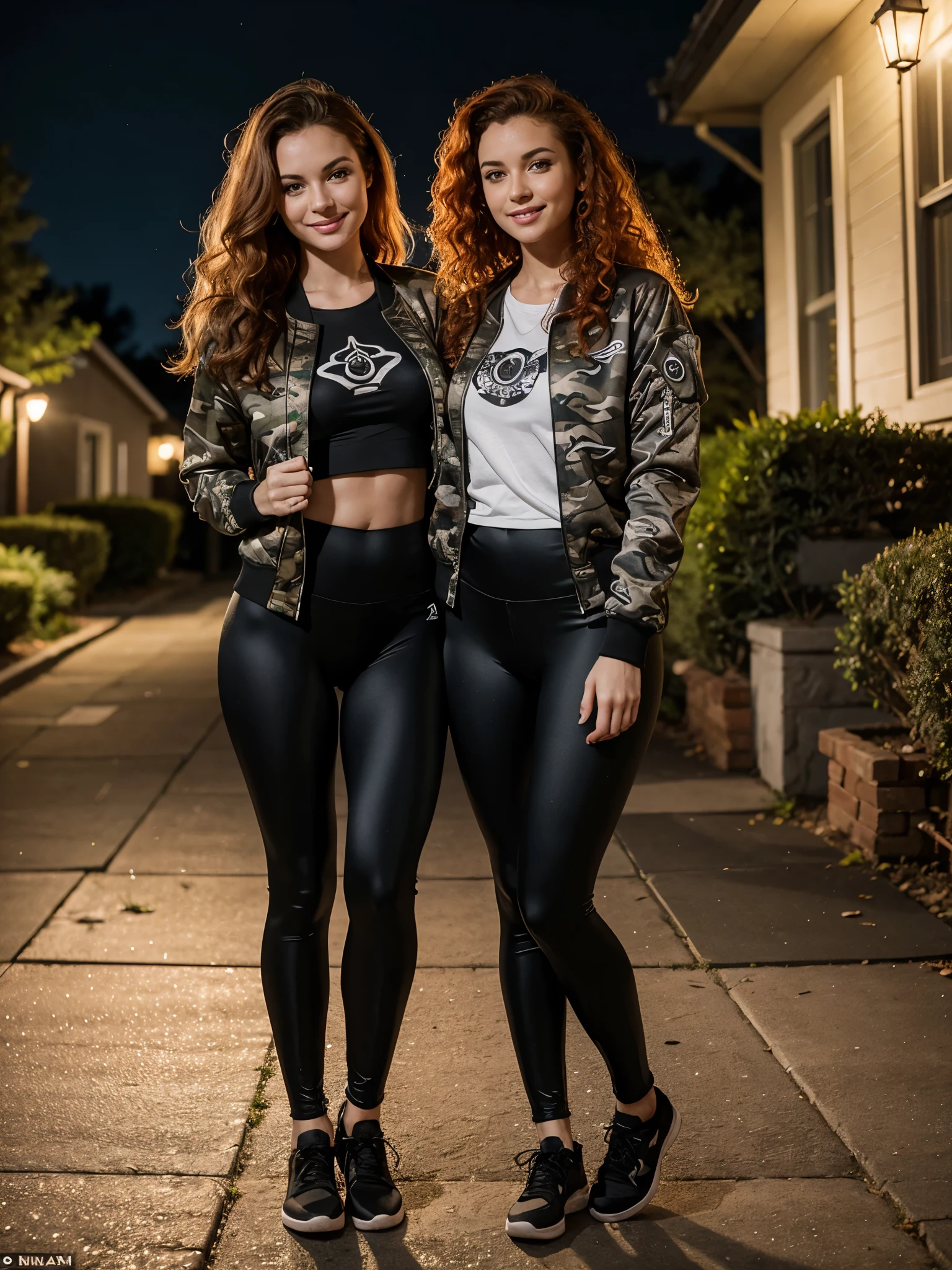 camera inside house looking out at front yard, street in background, well lit Picture of front yard at evening, standing on sidewalk are two beautiful , happy, young women, silly pose, full body, beautiful eyes, pretty faces, detailed eyes, perfect eyes, long frizzy curly fiery orange redhead hair, (wearing (black camo satin bomber jackets), back satin leggings, (()), front yard in background, smiling, perfect hands, looking into camera, night time lighting