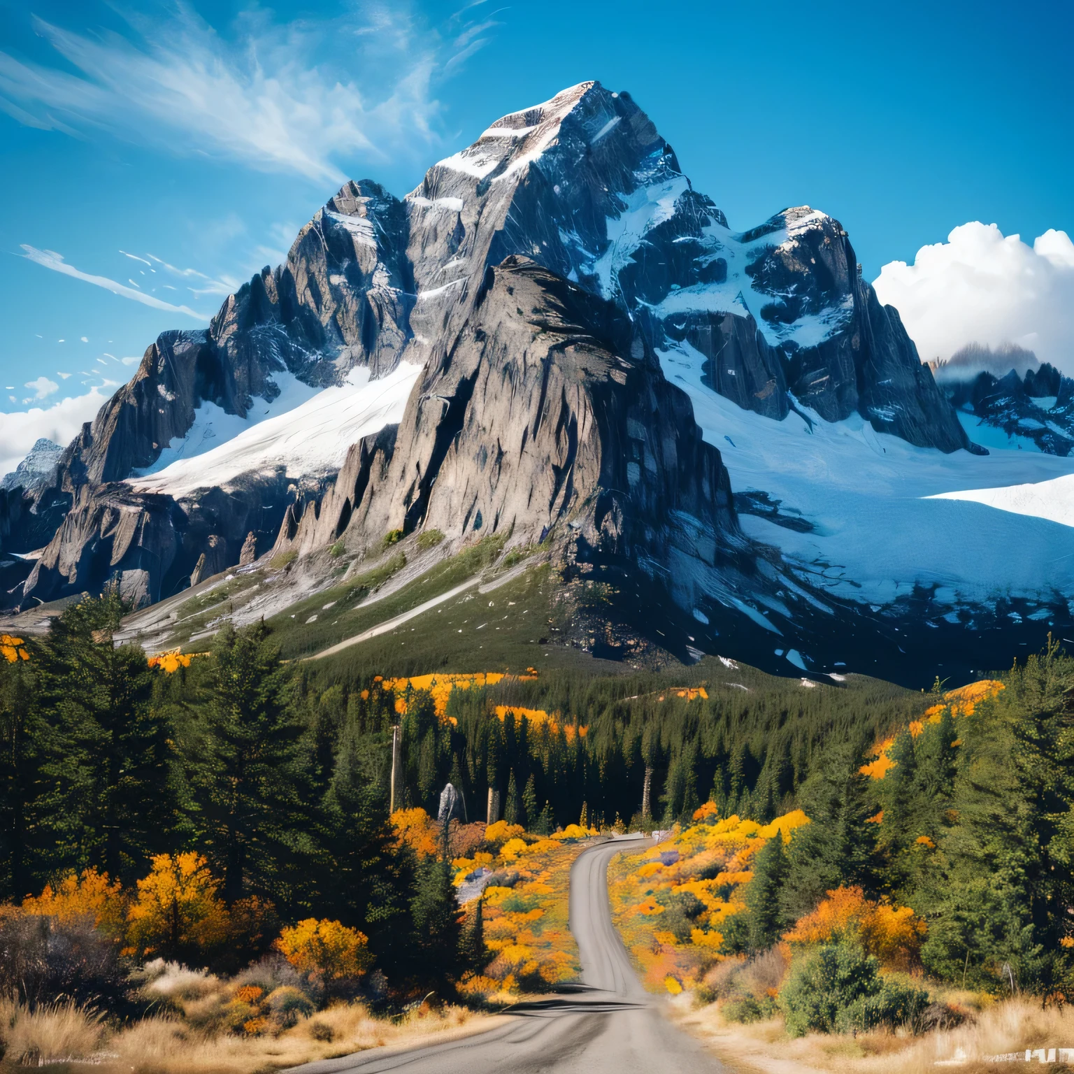 Mountain Majesty landscape, vibrant colors, bold lines, pop art-style Girl graphic, comic book vibes, psychedelic sunset, swirling colors, surreal elements, (best quality,4k,8k,highres,masterpiece:1.2), ultra-detailed, (realistic,photorealistic,photo-realistic:1.37), HDR, UHD, studio lighting, ultra-fine painting, sharp focus, physically-based rendering, extreme detail description, professional, vivid colors, bokeh, portraits, concept artists, color palette, dramatic lighting.