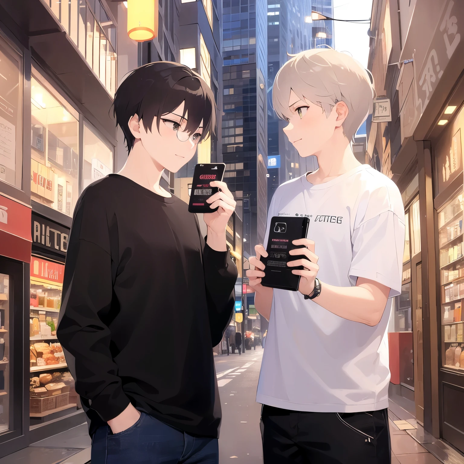 side angle, (looking away:2), masterpiece、highest quality、(25 year old male:1.5) and (brown short hair) and (green eyes), (plain black t-shirt) and (long sleeve)、embarrassed, smile、Are standing、The background is a shopping street at night、(Alone:1.5)、Upper body is shown、