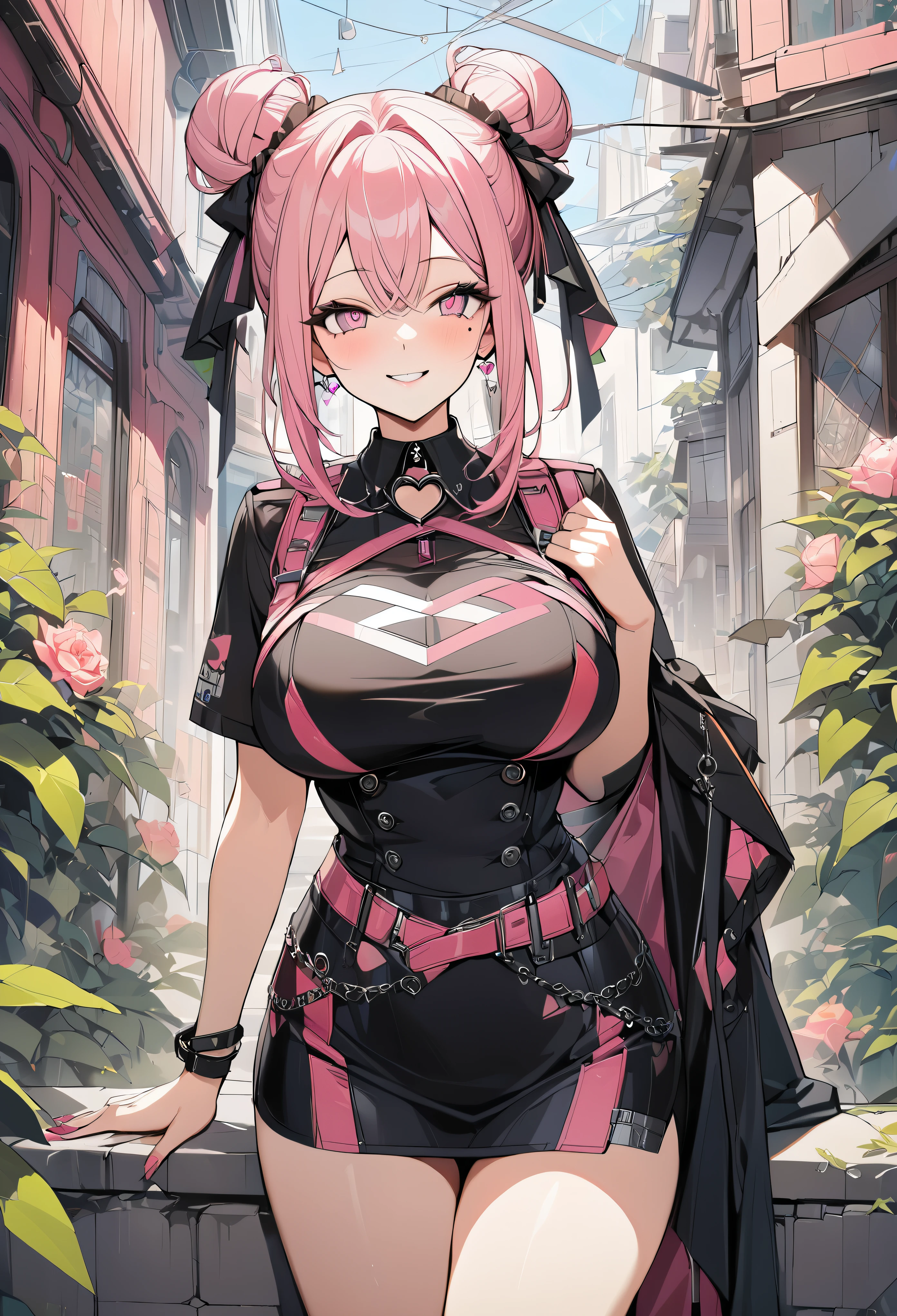 1 girl, pink long bun hair, heart shaped eyes, ♡, big breasts, police officer clothes, {girl with pink long bun hair named Nami}, (Pink eye color), {downtown}, (smile), bright background , mole under eye, heart shaped choker, (masterpiece, highest quality), very detailed, highest quality, official art, beautiful and aesthetic: 1.2), (1 girl), very detailed, (geometry art: 1.3), colorful, most detailed ?d1 girl, pink long bun hair, Eye of the symbol, +__+, big breasts, gothic costume, {A girl with long pink bun hair named Nami}, (Pink eye color), {downtown}, (smile), bright background, (garden,beautiful flower々),mole under eye, heart shaped choker, (masterpiece, highest quality), official art, beautiful and aesthetic: 1.2), (1 girl), very detailed, (geometry art: 1.3), colorful