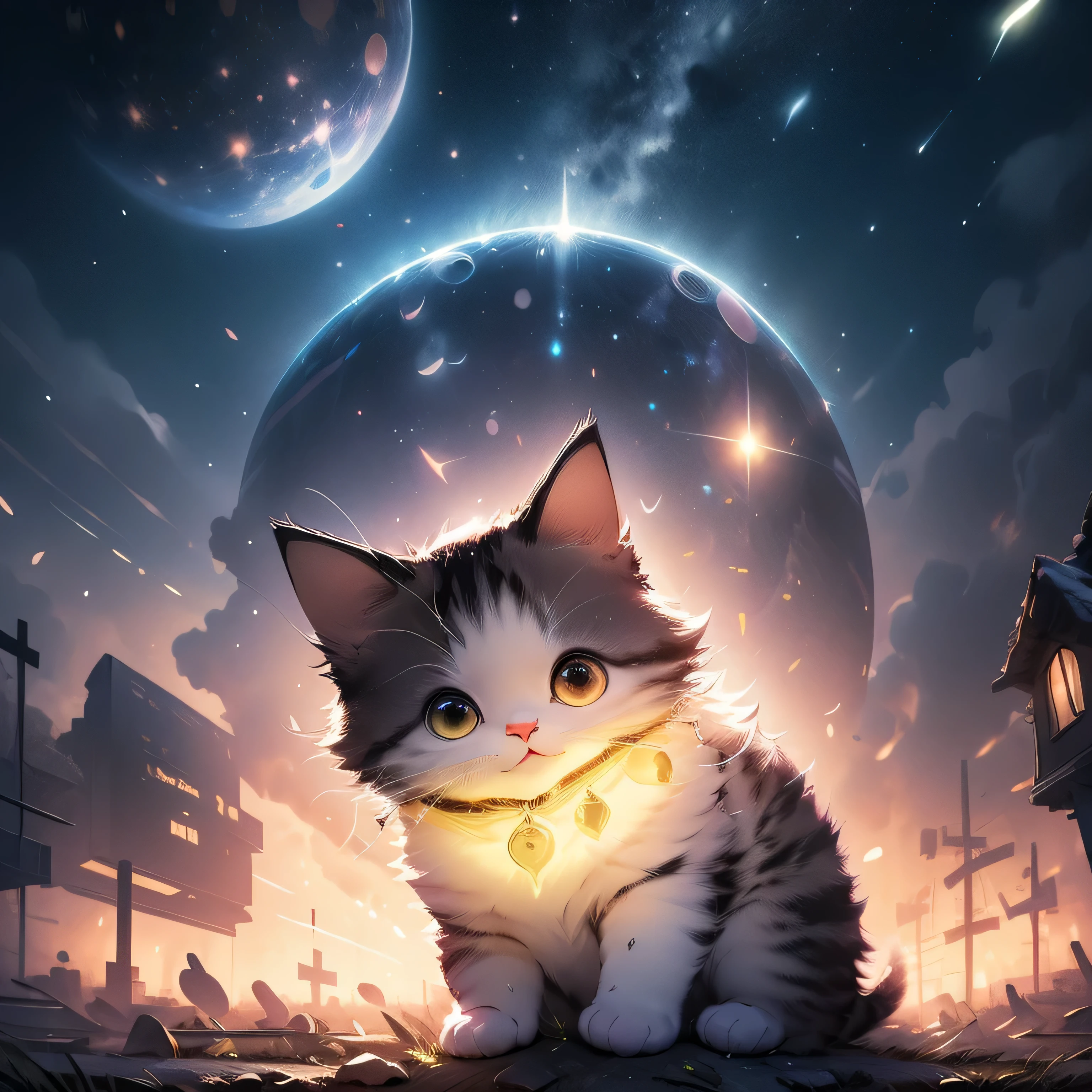 objet lumineux: sur le coup d'une fille un pendentif lumineux. (best quality, high resolution, chef-d'artwork: 1.2) Ultra-detailed, Couleurs vives, illuminating light source, ethereal, douce lueur, Surnaturel, sharpness, jeu d'shadow and light, Radiant Radiance, fascinant, sparkling, thrilling shine, translucide, danser des couleurs irisées, with interior light, brillant et enchanteur, hypnotic brightness, briller dans le noir, Enfant triste, au bord d'une pierre tombale, chat mort, tombe de chat, ghost cat.