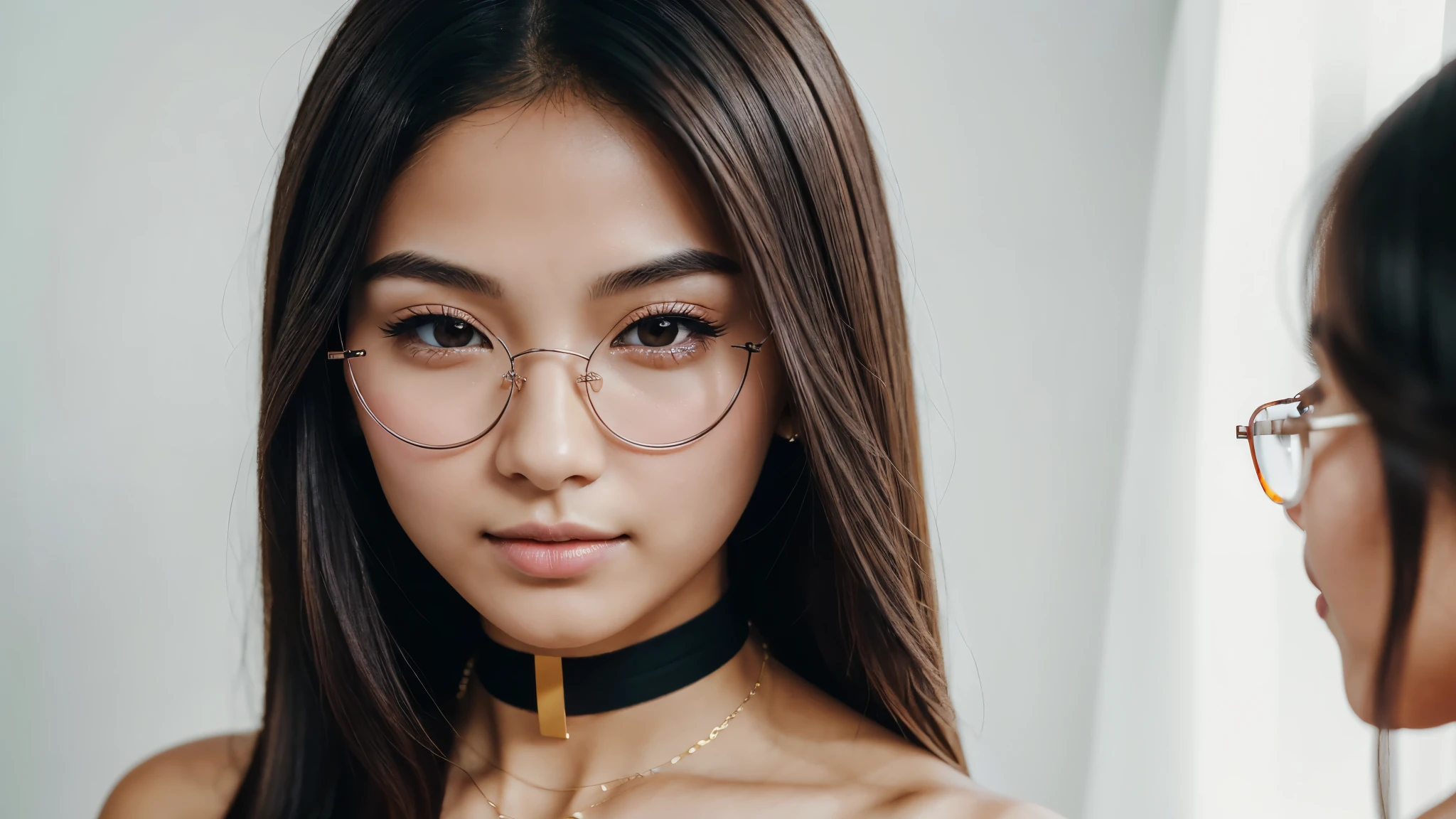 ((Beautiful)+nerd:0.8+cute:0.9) asian_woman, 18_years_woman, young_facial_feautures, (short_head:1.5 round_face:1.5), long_hair straight_hair (black_hair:1), symmetric_eyes:1 monolid_eyes:1 large_eyes:1.2 short_eyes:1.2 eye_wings:0.8 brown_eyes:1.5 mahogany_brown_eyes:1, double_eyelid:0.8, small_eyebrows:1.5 rounded_eyebrows:1.3, (tanned_skin:1.3), european_nose:1 delicate_nose:1.2, young_gorgeous_woman, feminine_cheeks large_cheeks:1.3 round_cheeks:1.2 cheek_dimples:0.9, small_lips:1.4 pink_lips:0.9, most_beautiful_woman (1Woman:1.5, (Masterpiece, 8K, best quality, highres:1.5), (three_quarter_shot:1.5, looking_at_viewer:1.5, body_looking_at_viewer:1.5), white_photoshoot:1, white_room:1, white_backdrop:1.5, standing, neutral_body_posture:1.5, (neutral_facial_expression:1.5, closed_lips:1), wearing white_strapless_mini_dress), slender_body:1, short_body:1, (Big breasts:1.3, choker, sexy glasses