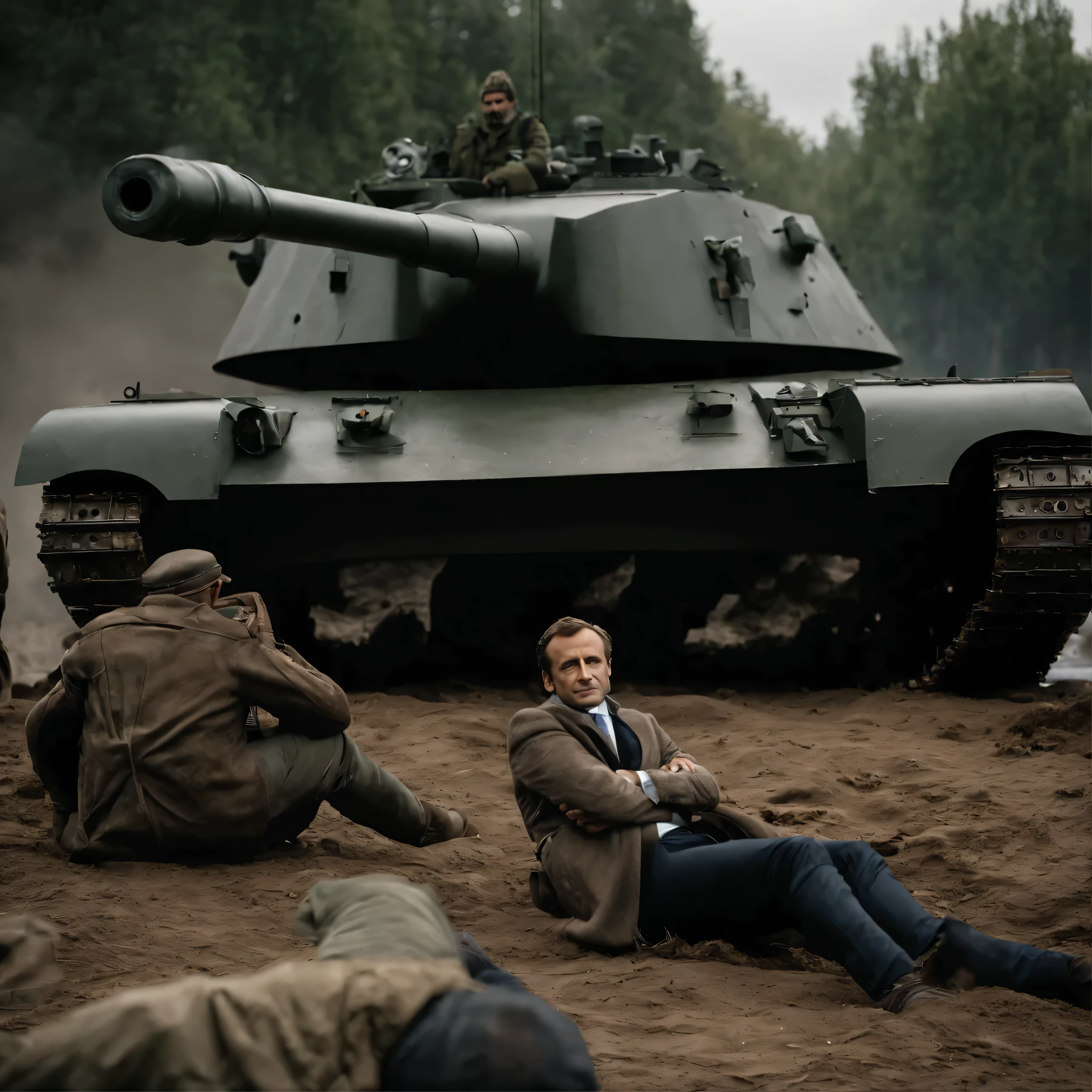 In the foreground we see men sleeping on the ground and behind is a huge tank with its cannon facing towards us..., et sur le char se tient debout, Mr Macron ainsi Mr Poutine qui affichent un large sourire menaçant. Ils sont tout les deux de part et d'autre du canon du char. Ils sont dans un environnement sombre, devastated by war. 