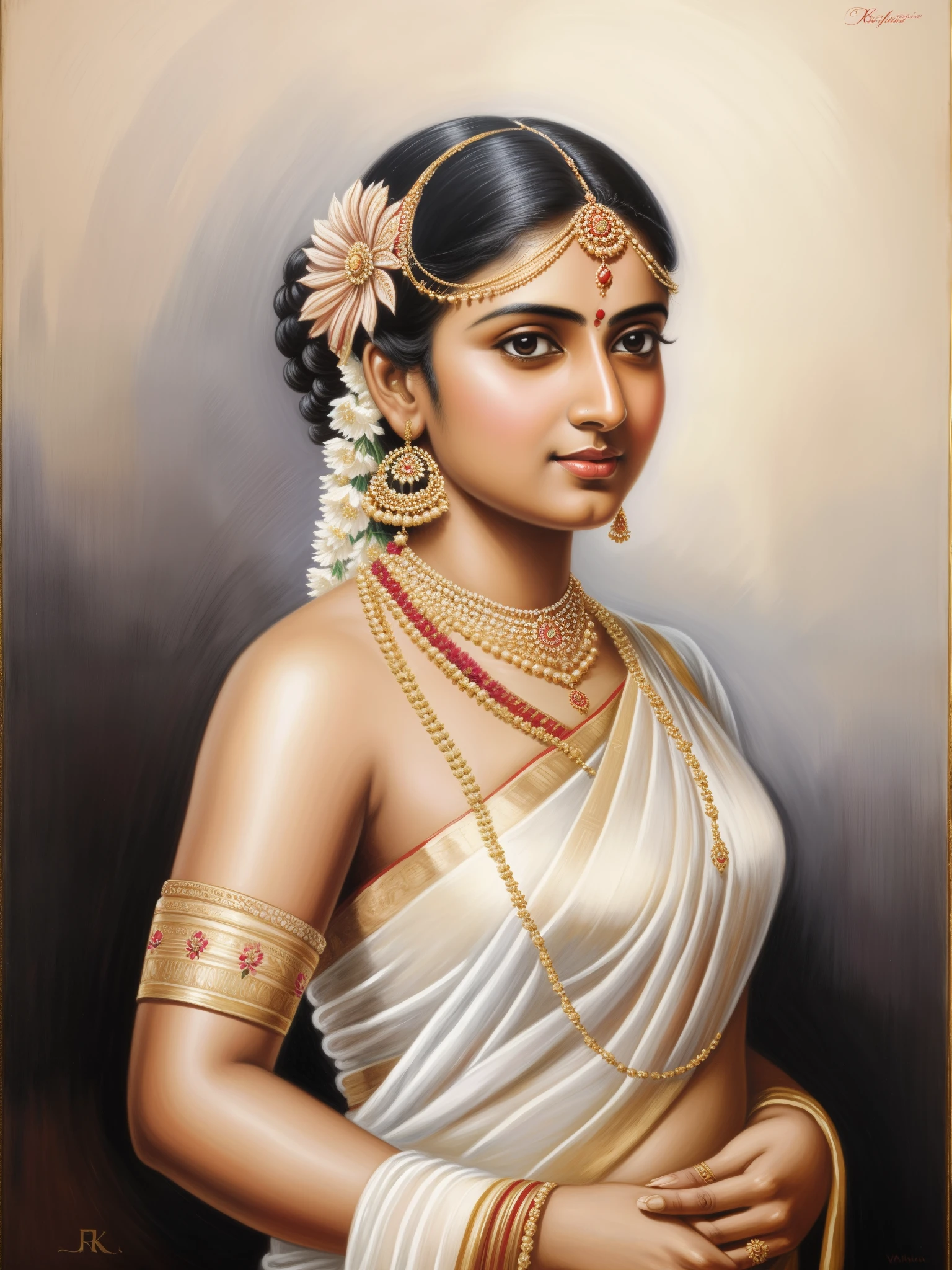 painting of a woman in a white sari with a flower in her hair, inspired by Raja Ravi Varma, portrait of a beautiful goddess, traditional beauty, painting of beautiful, inspired by T. K. Padmini, portrait painting of a princess, a stunning portrait of a goddess, portrait of a goddess, by Raja Ravi Varma, beautiful maiden, indian art