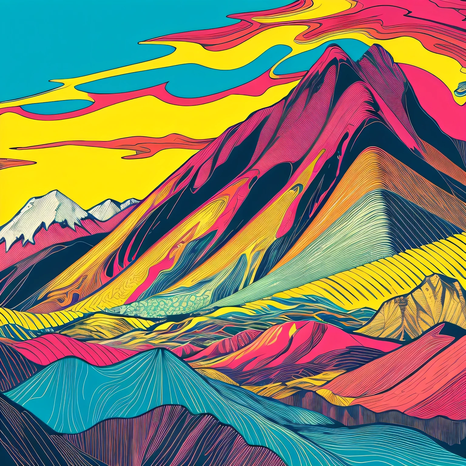 Mountain Majesty landscape with bold lines and vibrant colors.  a pop art-style Girl graphic with bold colors and comic book vibes. a psychedelic sunset with swirling colors and surreal elements.