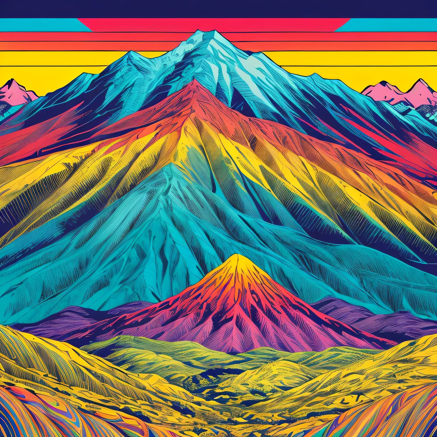 Mountain Majesty landscape with bold lines and vibrant colors.  a pop art-style Girl graphic with bold colors and comic book vibes. a psychedelic sunset with swirling colors and surreal elements.