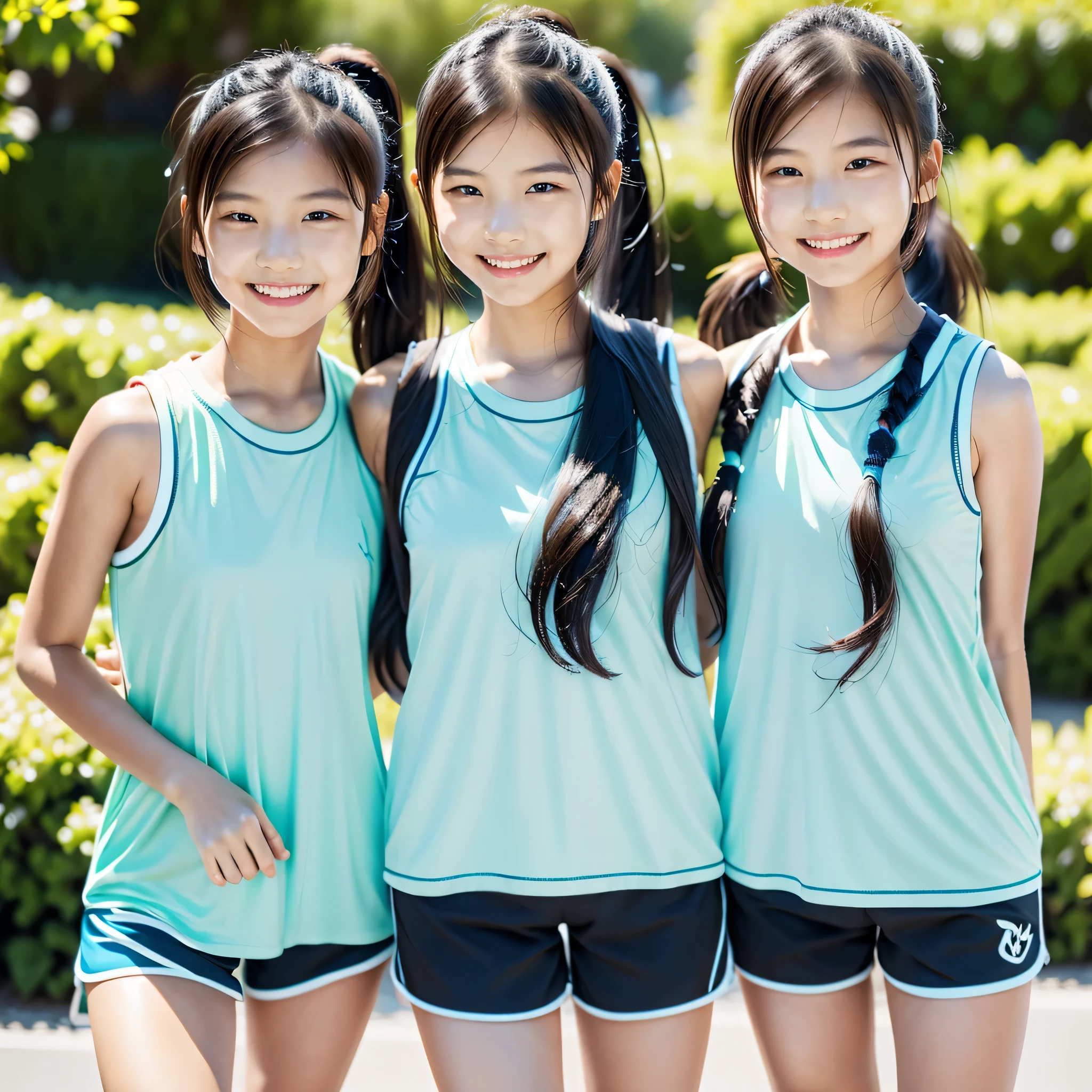 beautiful girl,2 friends,10 and 14 years old,Wear shorts and sleeveless,smile,ponytail,thin