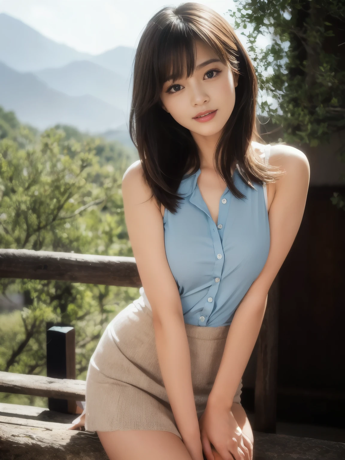 in 8K,Best Quality:1.4, 超A high resolution:1.5, (Photorealistic:1.4),masterpiece:1.2,(top-quality:1.4)、 Raw photo、(the background is blurred), On a hilltop with a good view:1.4、blue-sky、lawn、FULL BODYSHOT:1.8、 1の女の子, Cute, (Solo), (Shy smile), 、(35 year old:1.2)、TThe shirt、to stand、Check miniskirt、Cute mini skirt、beauty legs、Slender feet、 (Brown medium hair,Bangs), (touch hair:1.4)、nogizaka、cute little、Supple fingertips,Beautiful black eyes、natural skin textures:1.3, realistic eyes and face details:1.7、middlebreasts、gazing at viewer、gravure、low angles、Katyusha、Scenic