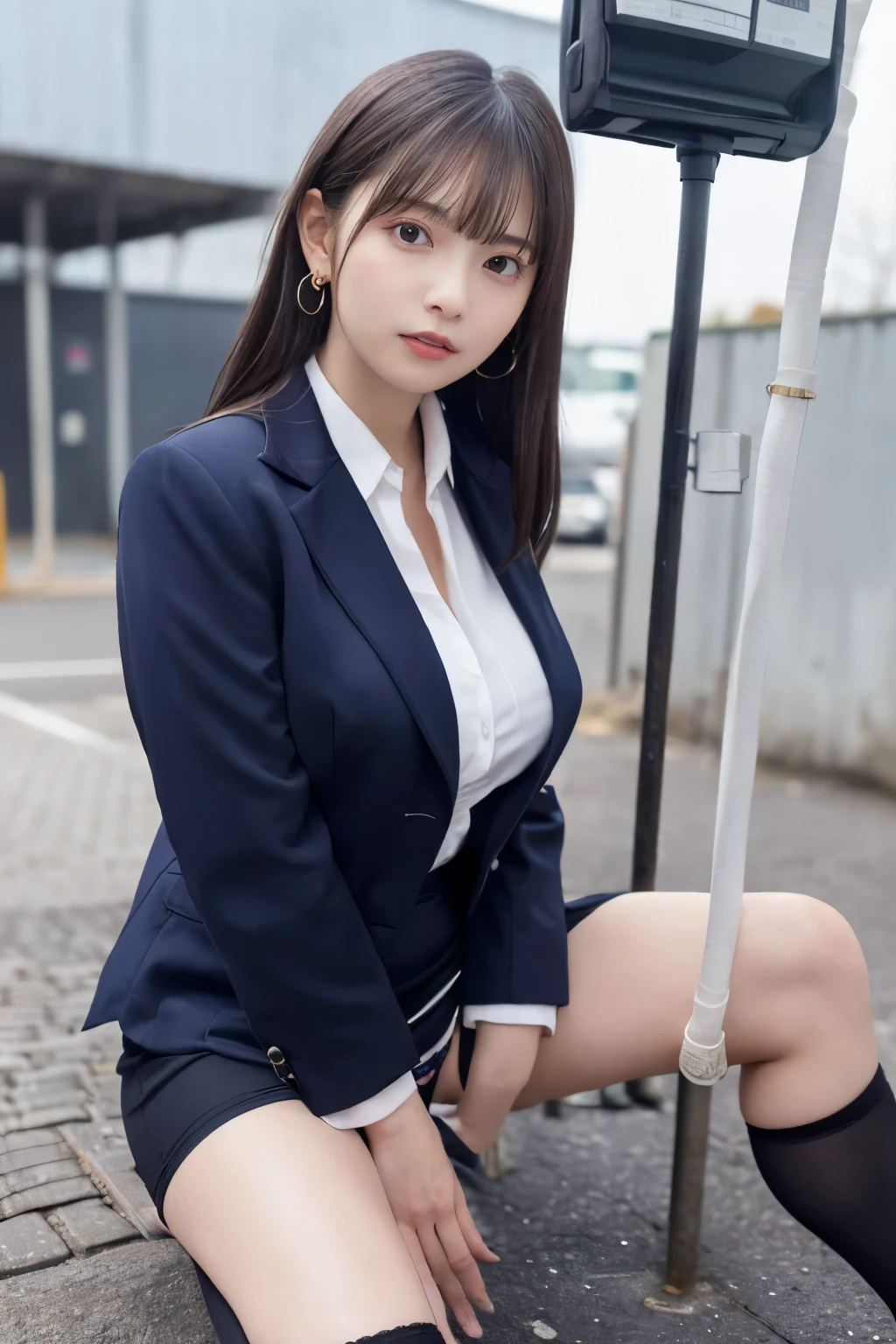 high-definition images, atmospheric perspective, 8k, super detail, accurate, best quality, angle from below, an woman, ((realistic skin)),drooping eyes, ecstasy, sleepy, (slender face), small eyes, (((stand and straddling to hit her panties against the exposed pipe on the ground for masturbation))), (outside of factory area), tiny earrings, (work clothes, suit jacket, thin shirt, skirt, thigh-high stocking, id card), ((open legs)), ((swollen areolas are visible)),