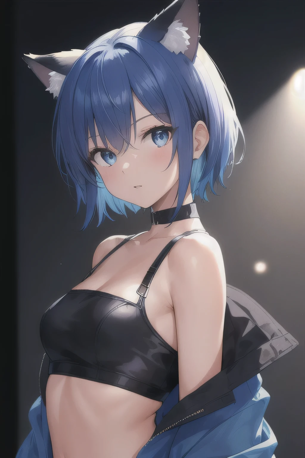 masterpiece:1.2, high quality, best quality, detailed_background,indoors,High resolution,there is nothing (Solution 1988),black Jacket,Upper body,open your clothes,ridiculous,blue eyes,open Jacket,gradient background,looking at the audience,Good at sports,1 girl,short hair,bare shoulders,alone,Animal ears,blue hair,Jacket,crop top,take off shoulders,head tilt,cat ears