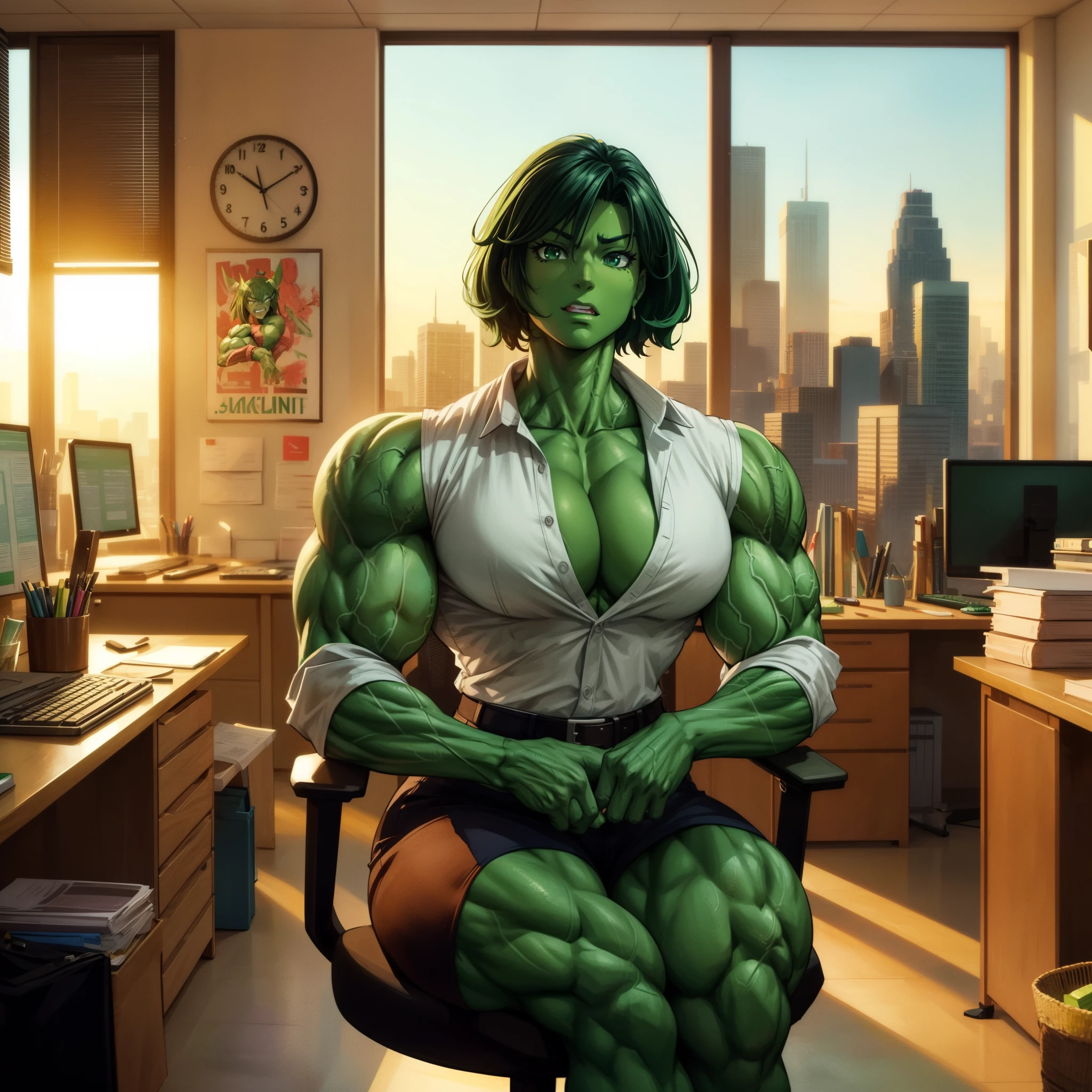 girl,best quality,green skin,hulk girl,sitting in office,torn clothes,,, she hulk, she - hulk, muscular female, alternate muscle size, hulking,muscular leg,, portrait shot, digital art,
