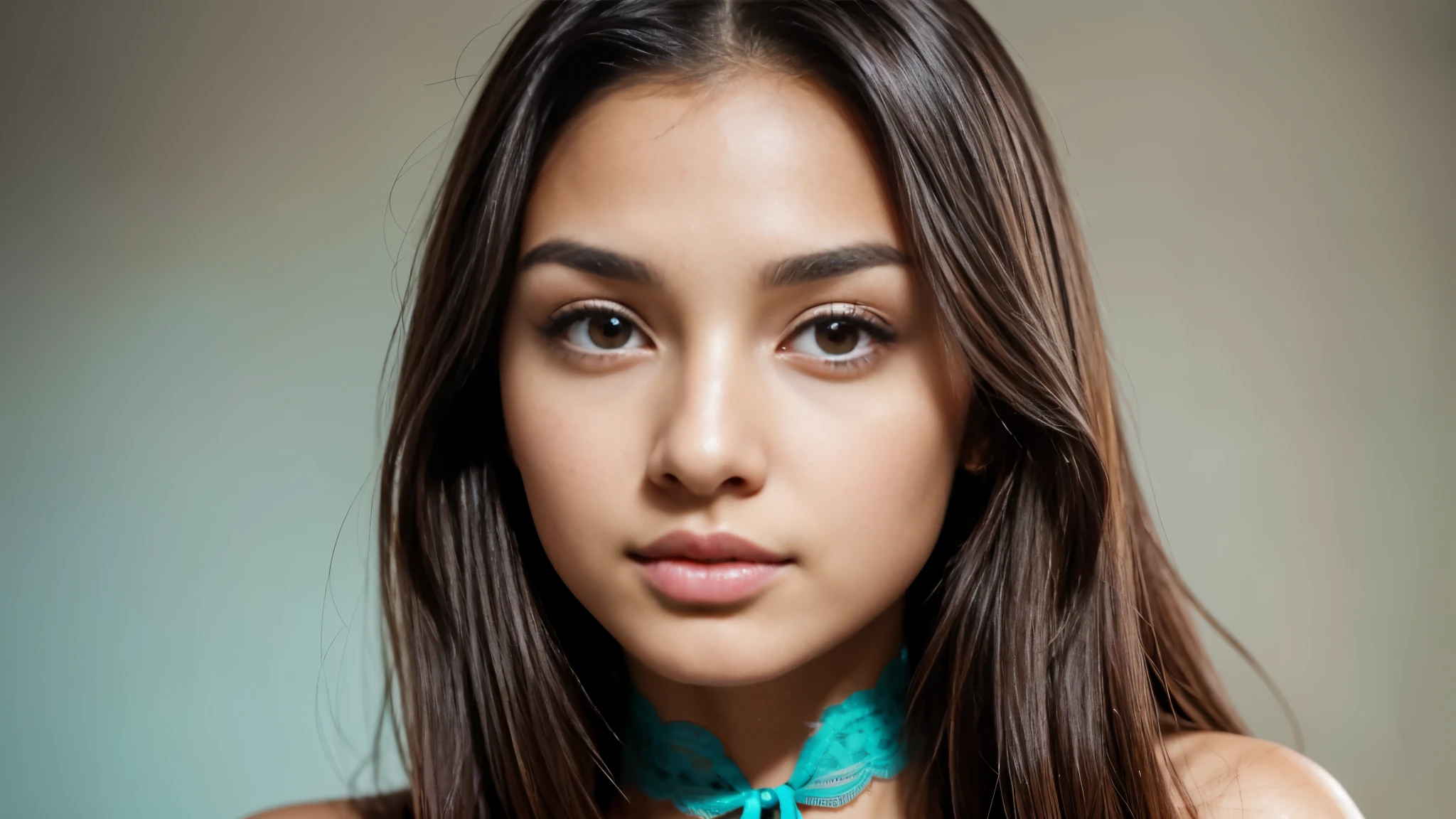 Masterpiece, realistic, highly detailed, best quality, (looking_at_viewer, young feminine 18 years woman, symmetric_face, very_cute_round_face_shape, short_face, small_face, young_face, short_body:1, rounded_chin+jaw, small_jaw, short_jaw, very_cute+very_feminine young_girl, tanned_skin, long_straight_hair, dark_brown_hair, very_thin_eyebrows, very_thin_brows, round_thin_brows, round_thin_eyebrows, brown_eyes, big_eyes:0.3, large_eyes:1.3, round_eyes:0.6, symmetric_eyes, mascara:0.8, makeup:1, slim_nose:1, feminine_prominent_cheekbones:1.2, slim_greek_nose, rounded_nose:1, thin_nose:1, thin_nostrils:1, thin_nose_bridge:0.5, thin_nose_tip:1, small_nose_tip:1, feminine_pink_lips, sensual_flirting_expression, wearing_turquoise_lingerie, white_backdrop), choker, (big breasts:1.4), sexy glasses