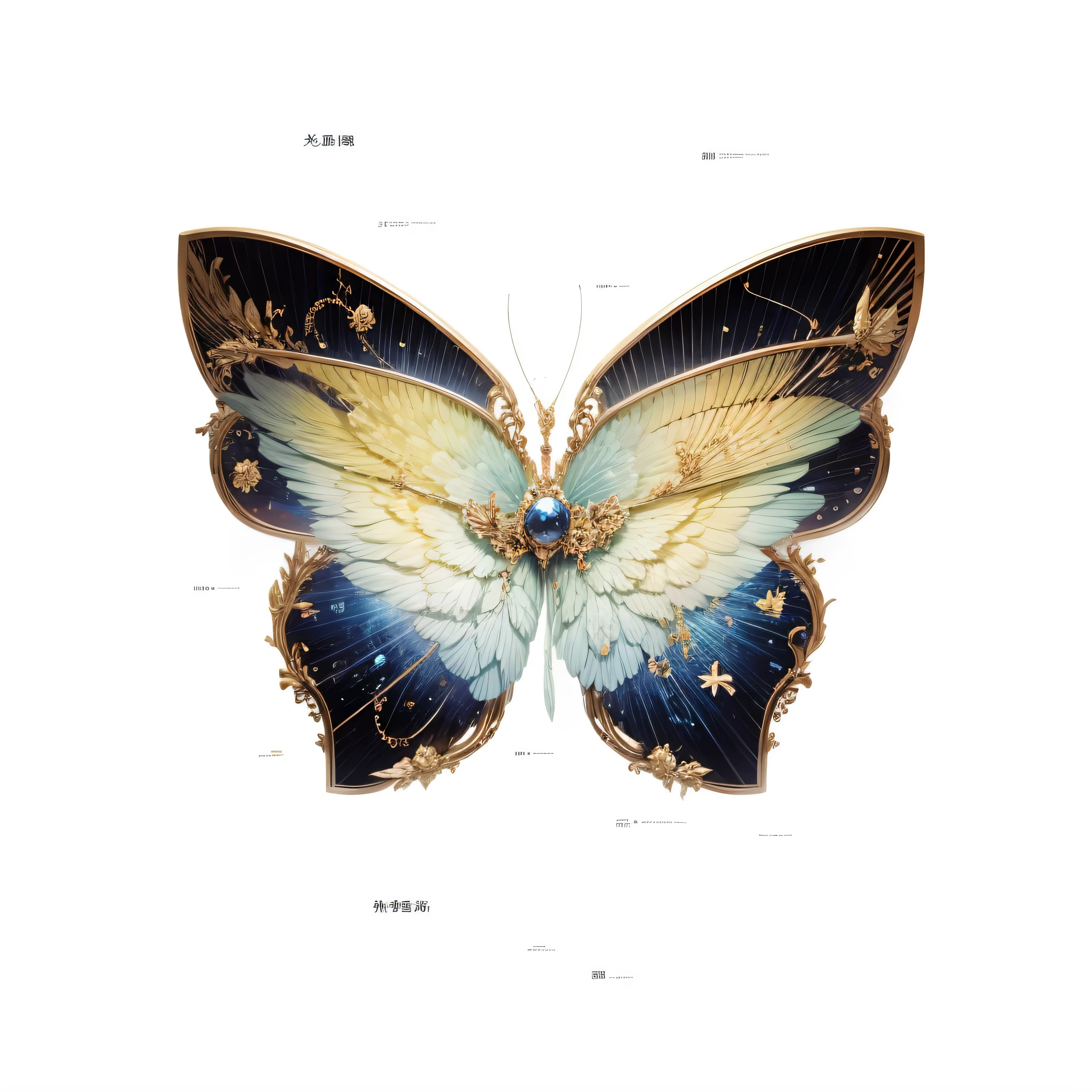 golden elements,翅膀上有gold thread beating,Metallic pattern around the wings,gold thread beating