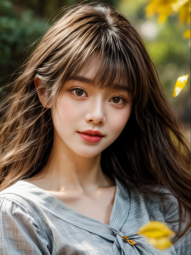 masterpiece、8K、32k、highest quality、(detailed eye)、(cute japanese woman、bangs)、23 years old、1 girl、elegant、(Detailed background depiction、Portrait:1.2)、(sailor shirt、plaid bustle skirt)、(yellow fallen leaves:1.2)、cowboy shot、smile