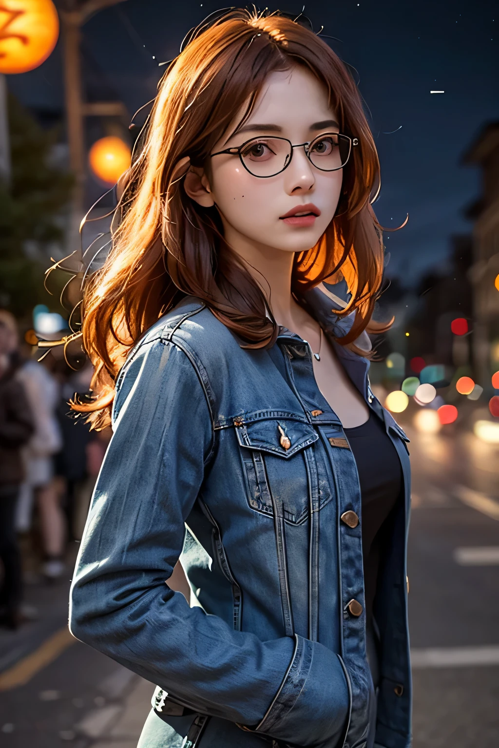 lifelike, High resolution, soft light,1名Miss, (Detailed face), denim jacket，holding a book in hand，wear glasses，keen vision, noble and inviolable temperament, (([Miss]: 1.2 + [beauty]: 1.2 + long orange hair: 1.2)), Bright Eyes, Purple tone pattern，purple light and shadow，（standing on the street），清晰beauty, Miss, 20 years old，((Autumnal) )，beauty细致眼神, Good 8KCG wallpaper, official art， super detailed， masterpiece， best quality， Detailed face，expression of stoicism，dynamic poses，meteor，starry sky，Milky Way，（original photo，best quality），（realistically，Real shot：1.3），best quality，Very detailed，masterpiece，super detailed，（whole body），dynamic angle，世界masterpiece剧院，messy_long_hair，best quality，amazing，movie lighting，lens_flare，
