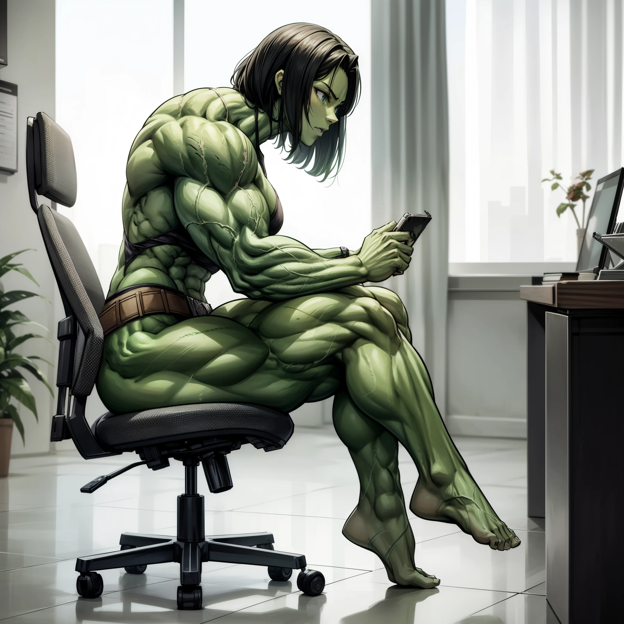 girl,best quality,green skin,hulk girl,sitting in office,torn clothes,,, she hulk, she - hulk, muscular female, alternate muscle size, hulking,muscular leg,, portrait shot, digital art,