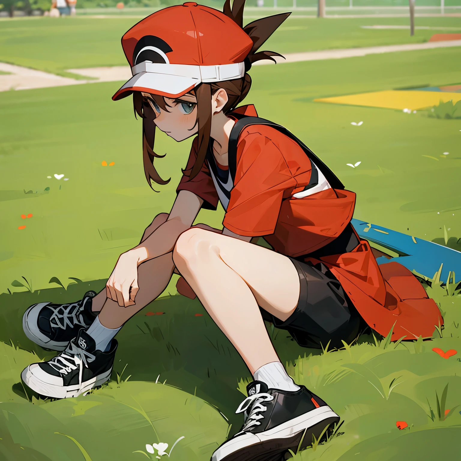 Pokemon trainer with brown hair tied up dressed in a red top and black shorts and wearing converse shoes and wearing a red and white cap sitting on the grass
