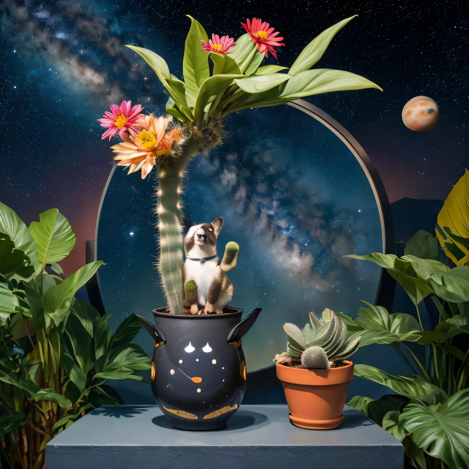 a corgi astronaut exploring the cosmos surrounded by stars and planets combine a trio of stylish cacti in trendy pots against a minimalist backdrop. a vibrant toucan perched amidst tropical foliage and flowers.