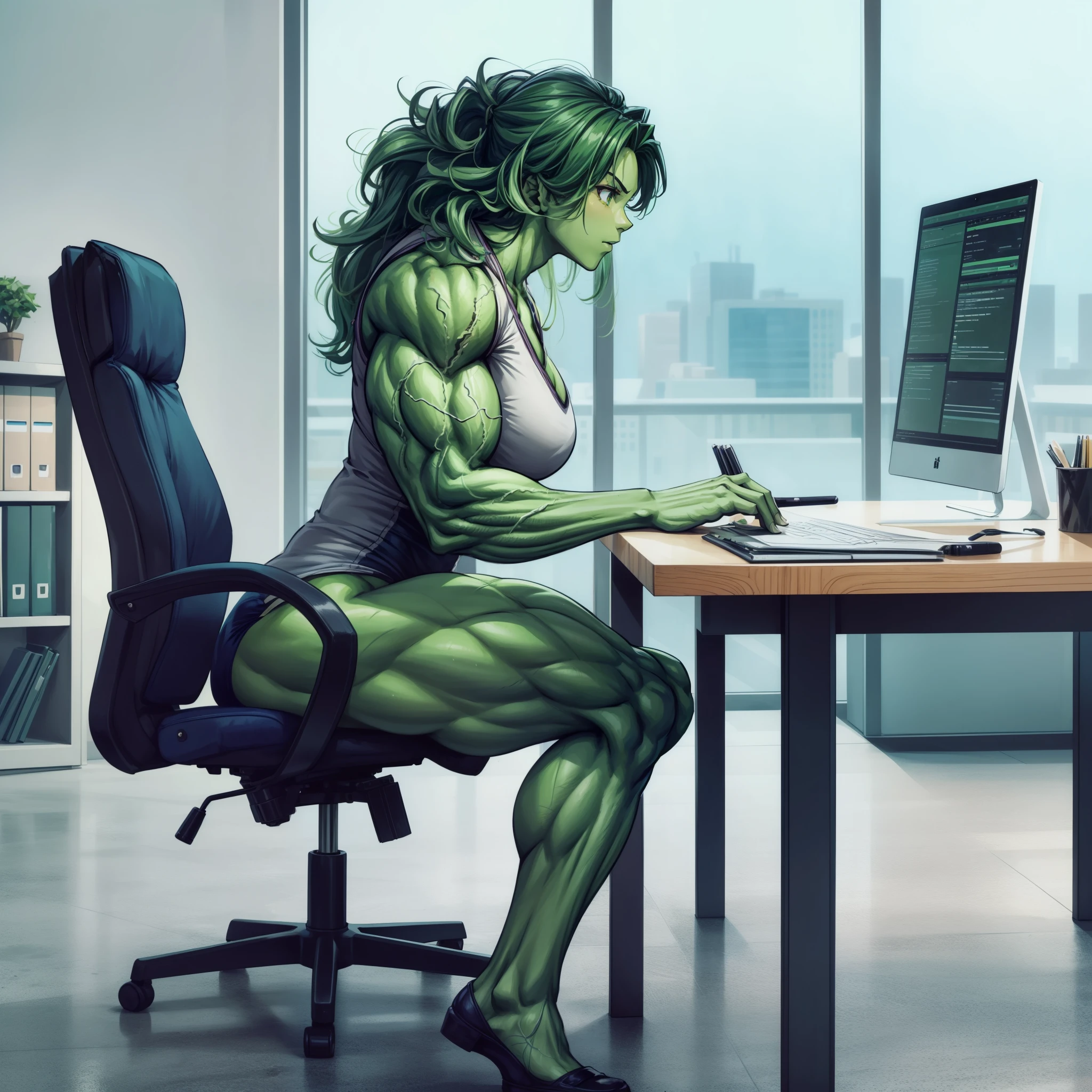 girl,best quality,green skin,hulk girl,sitting in office,torn clothes,,, she hulk, she - hulk, muscular female, alternate muscle size, hulking,muscular leg,, portrait shot,  digital art, 