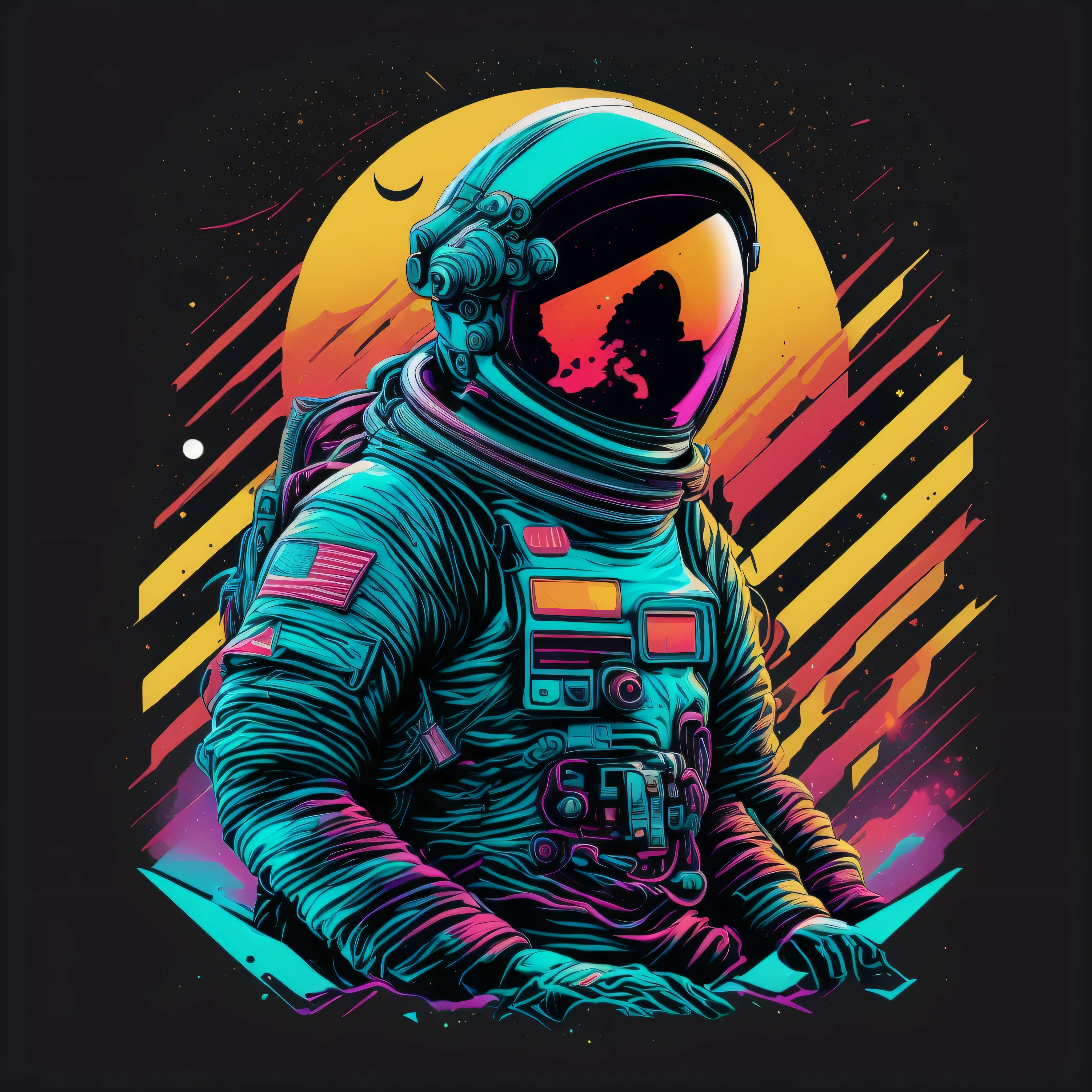 sit astronaut, the space, galaxy, 80's vector image, T-shirt design, isolated, black background, cyan yellow illustration and red only, strong color