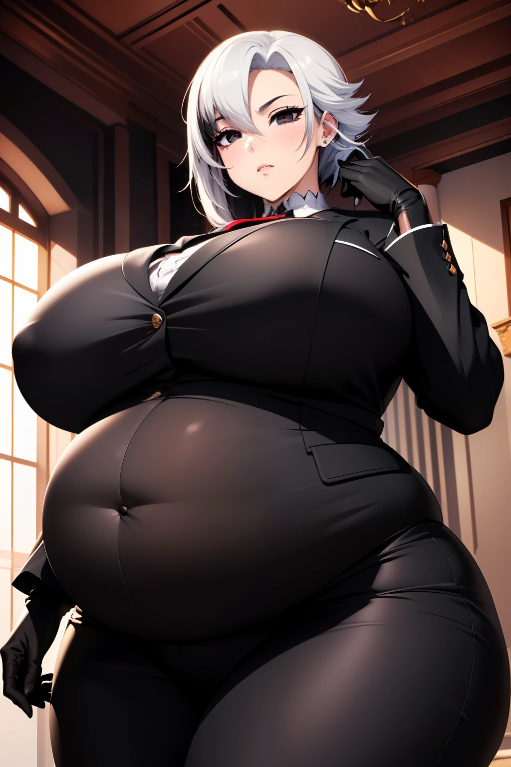 (top-quality, in 8K, 32K, masterpiece, A high resolution, Impressionism, Photorealsitic:1.2, anime style), ((((detailed faces and eyes, beautiful face, black eyes)))), (Masterpiece, mature female, Arlecchino, white and grey jacket with long sleeves, black trousers, high collar, formal suit, white hair with black streaks, black gloves), Cinematic, (( big belly, massive breast, big thighs, vore belly)) 4k, fantasy world
