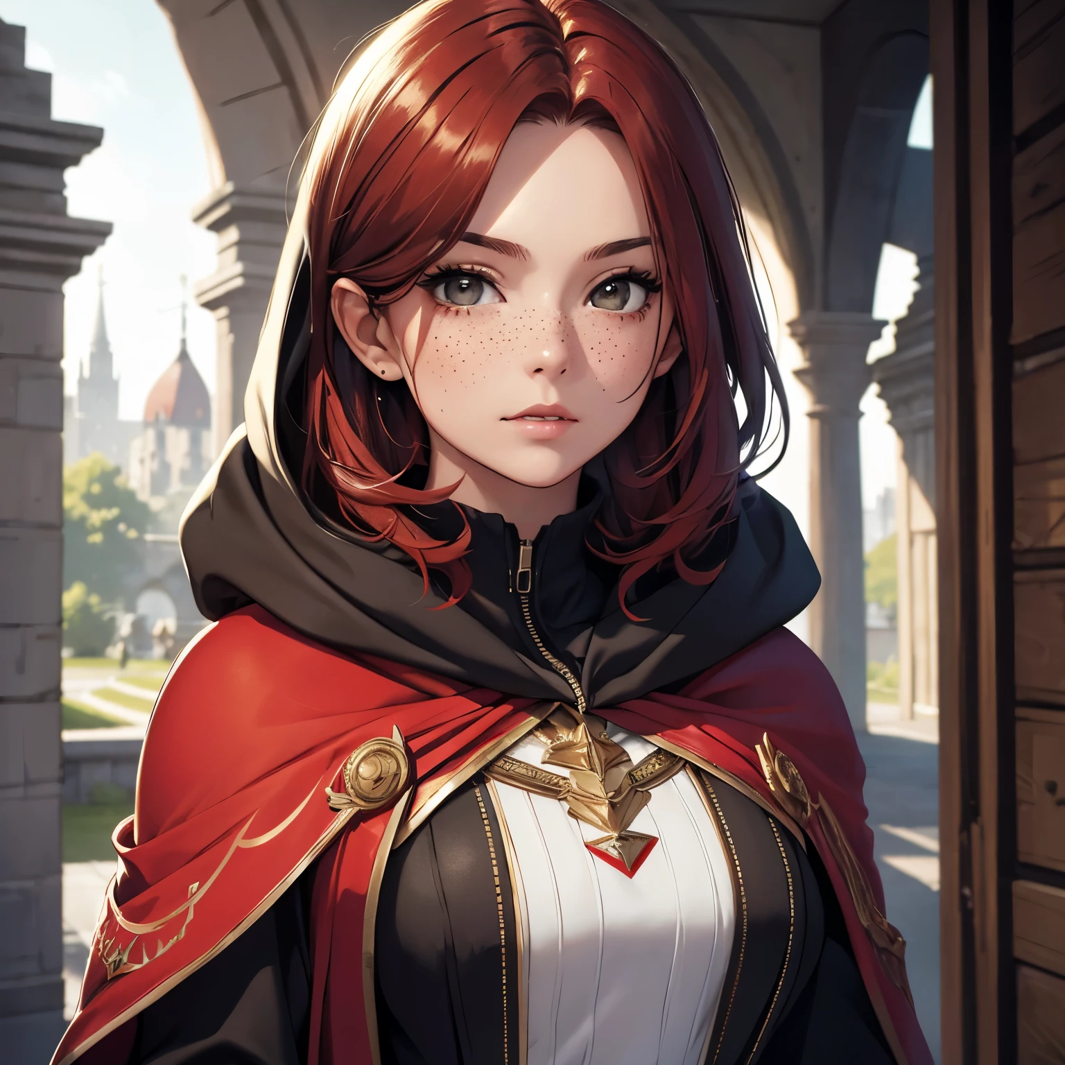 (realistic oil art, image up to the waist, 20-year-old princess, British, black eyes, vibrant look, redhead, short hair), ezio auditore tunic, hooded, black, brown, red details, ornaments, freckles on 10% of the cheekbone, perfect face, critical camera, blurred background, warm light, more details in clothing, strong leftovers, mystery pose