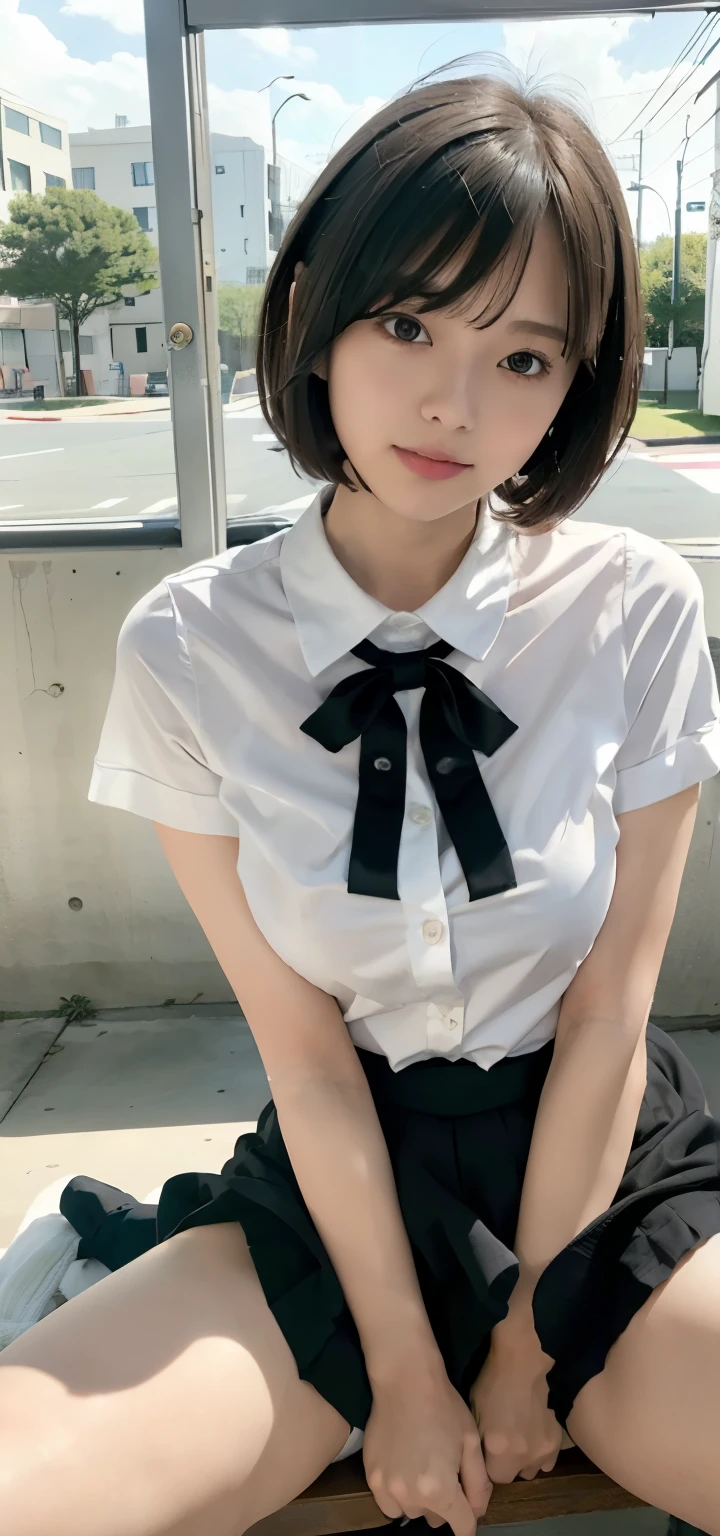 (8K、top-quality、tmasterpiece:1.2)、(reallistic、Photorealsitic:1.2)、 Very cute girl、14years、、(((pantyshot)))、(((Spread your legs apart)))、solo、‎Classroom、watching at viewers、、in a school、Chest that looks like it's going to burst、Fine and beautiful eyes、)、(dark gold hair:1)、(short-hair:1.1)、pantyshot, Spread your legs apart, skirt by the, Student clothes, white  panties, sockes, brunette color hair, The shirt, bblurry, blurred back, kneehigh, white  shirt, low tune, true to life, long whitr hair, Carnal lips, with brown eye, Black socks, Neck tie, pleatedskirt, the bow, head rest, side looking, En plein air, brownfootwear, tmasterpiece, top-quality, ultra - detailed、Bare breasts，Bare lower body，standing on your feet、Seductive eye、