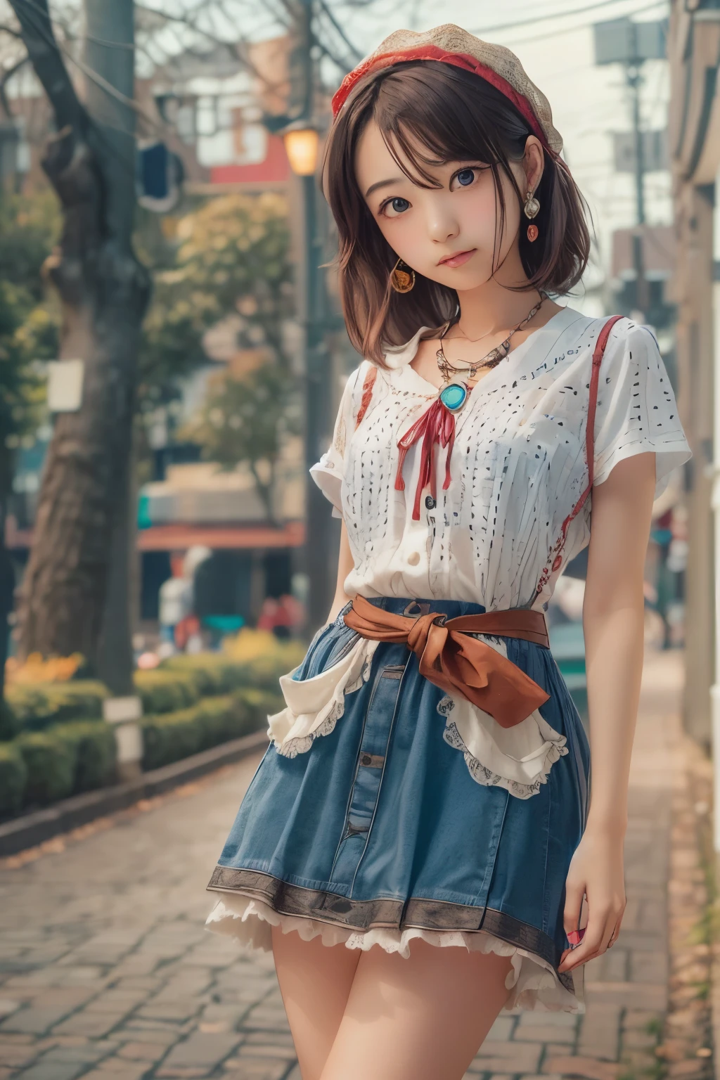 ((sfw: 1.4)), (sfw,She is wearing a long white embroidered skirt, a red blouse with lace, a white apron tied around her waist, blue socks, and brown leather shoes.A blue scarf is on her head. Yes, her accessories include necklaces, earrings, and bracelets. 1 Girl)), Ultra High Resolution, (Realistic: 1.4), RAW Photo, Best Quality, (Photorealistic Stick), Focus, Soft Light, (()),  ((Japanese)), (( (young face))), (surface), (depth of field), masterpiece, (realistic), woman, bangs, ((1 girl))