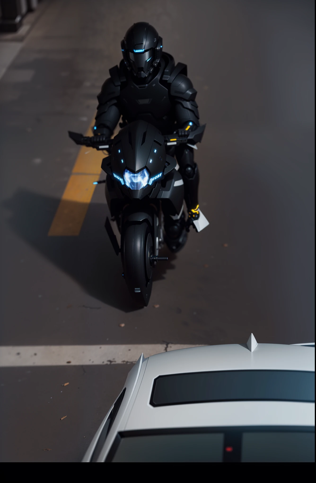 Handsome and thin black mecha cyber warrior,Information mechanical motorcycle,High-tech black full-face helmet,Noor, Biomechanics SHN People,High-tech helmet,surreal, steel, complex design, Very detailed very detailed, The lines are extremely clear, Light, real picture, detailed masterpiece