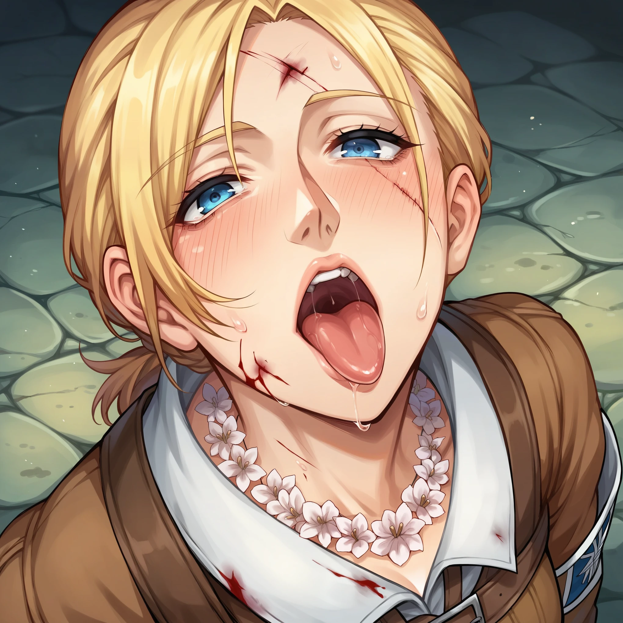 score_9, score_8_up, score_7_up, score_6_up, source anime, score_4, score_5, 1girl, blonde hair, woman, medieval housewife, looking at viewer, blue eyes, white blouse, brown corset, braid, flower necklace, mature female, large breasts, close-up, portrait, looking up, from above, open mouth, drooling, oral invitation, saliva, sweat, tongue, tongue out, naughty face, blush, attack on titan, annie leonhart, bruisedz wounded, injured, bleeding, severe wounds, cut flesh, injured flesh