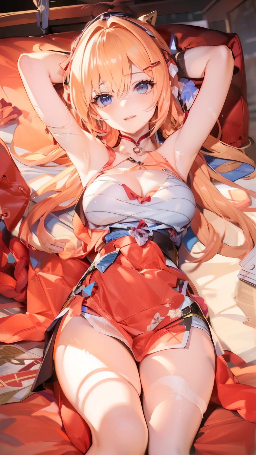 anime style image：A woman in a skirt lies on the bed, seductive anime girl